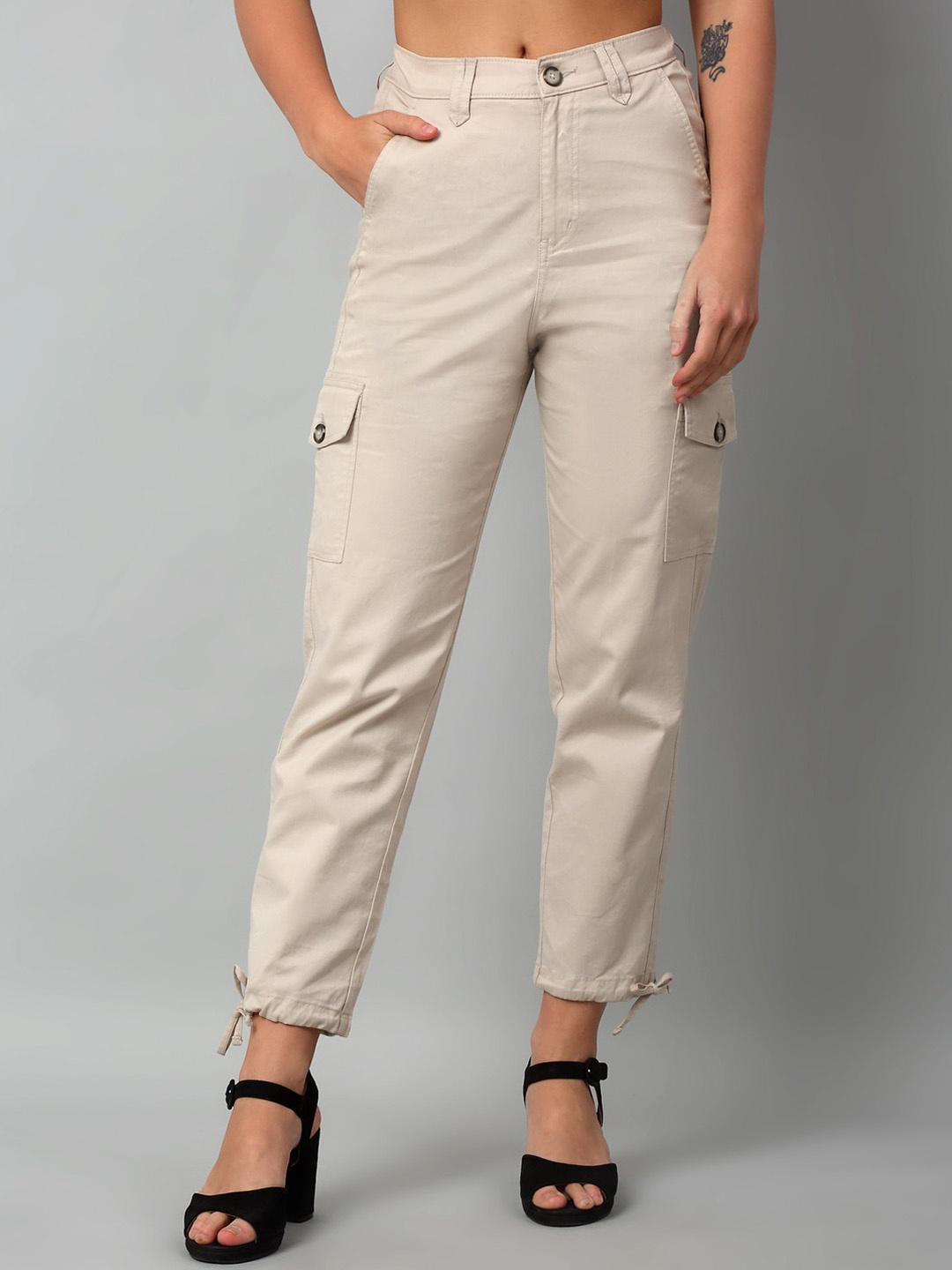 

Cantabil Women Cotton Mid-Rise Plain Cropped Cargos Trousers, Beige