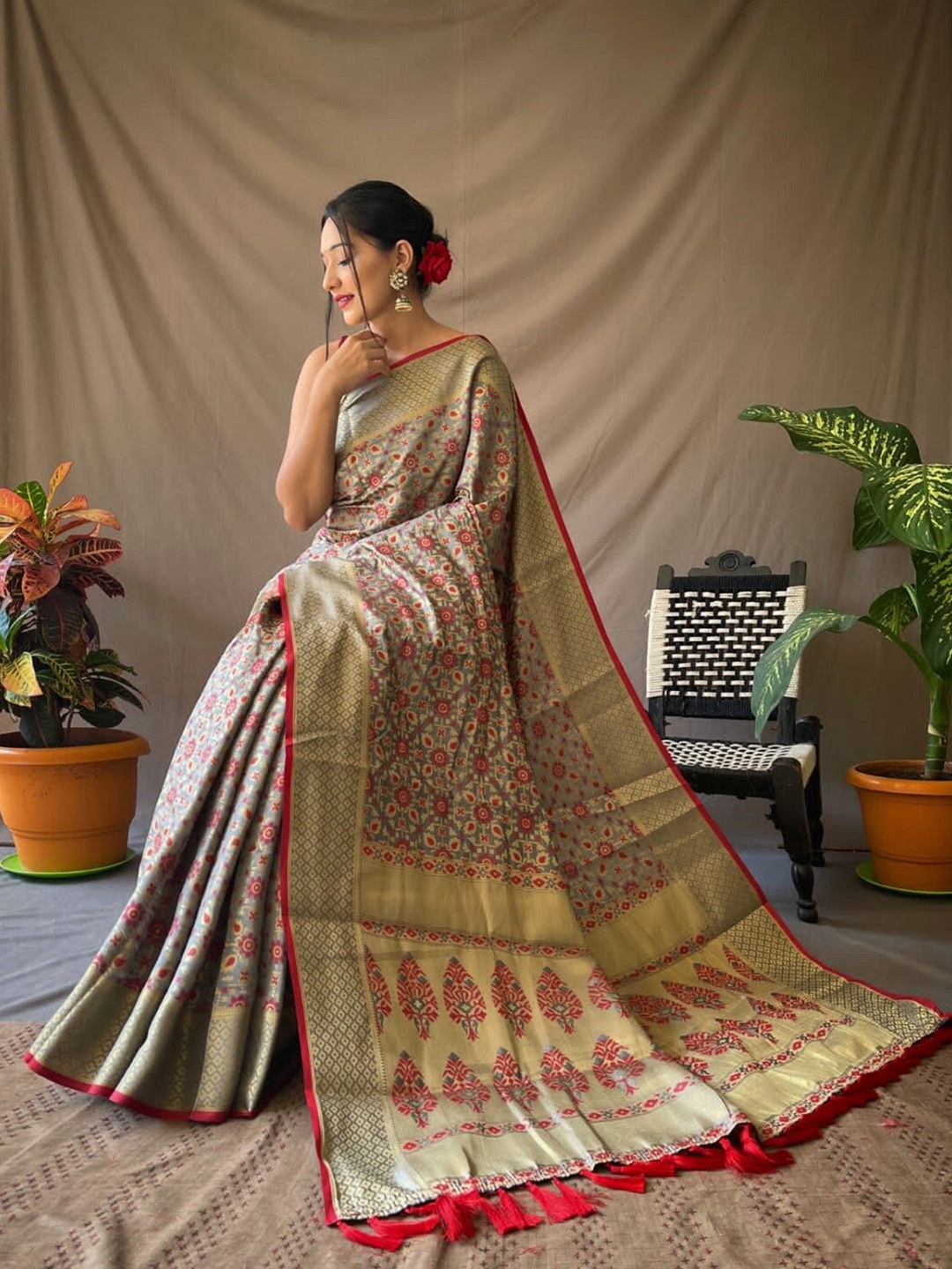 

Mitera Woven Design Zari Designer Patola Saree, Grey