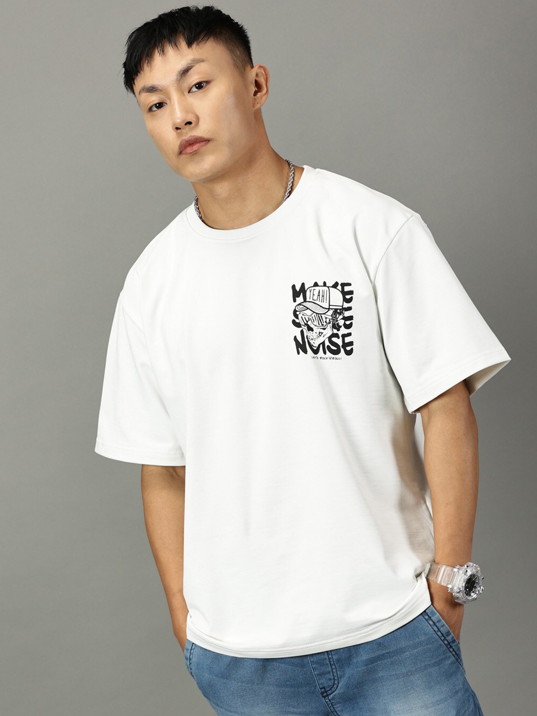 

Rodzen Typography Printed Drop-Shoulder Sleeves Pure Cotton Oversized T-shirt, White