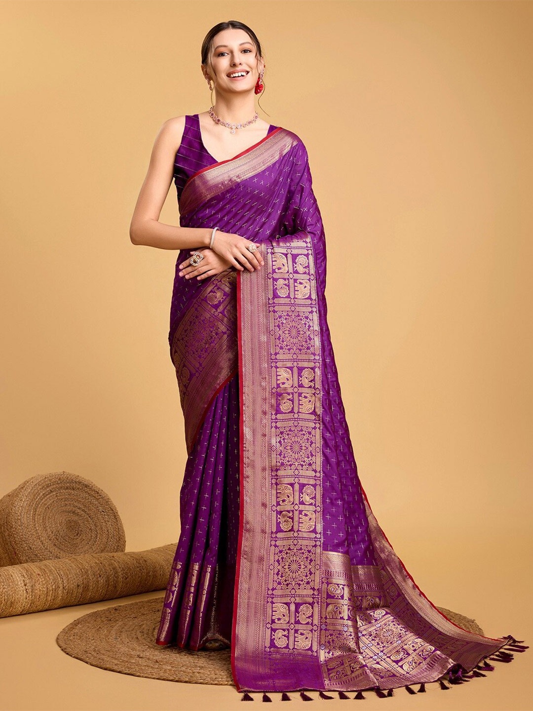 

Mitera Ethnic Motifs Woven Design Zari Banarasi Saree, Purple