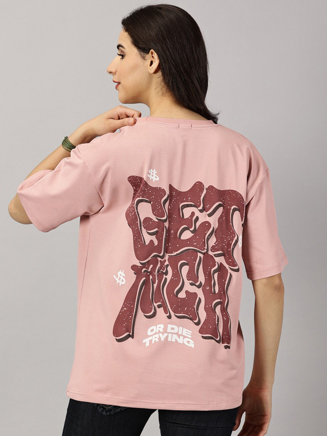 

Rodzen Typography Printed Oversized Drop-Shoulder Sleeves Pure Cotton T-shirt, Peach