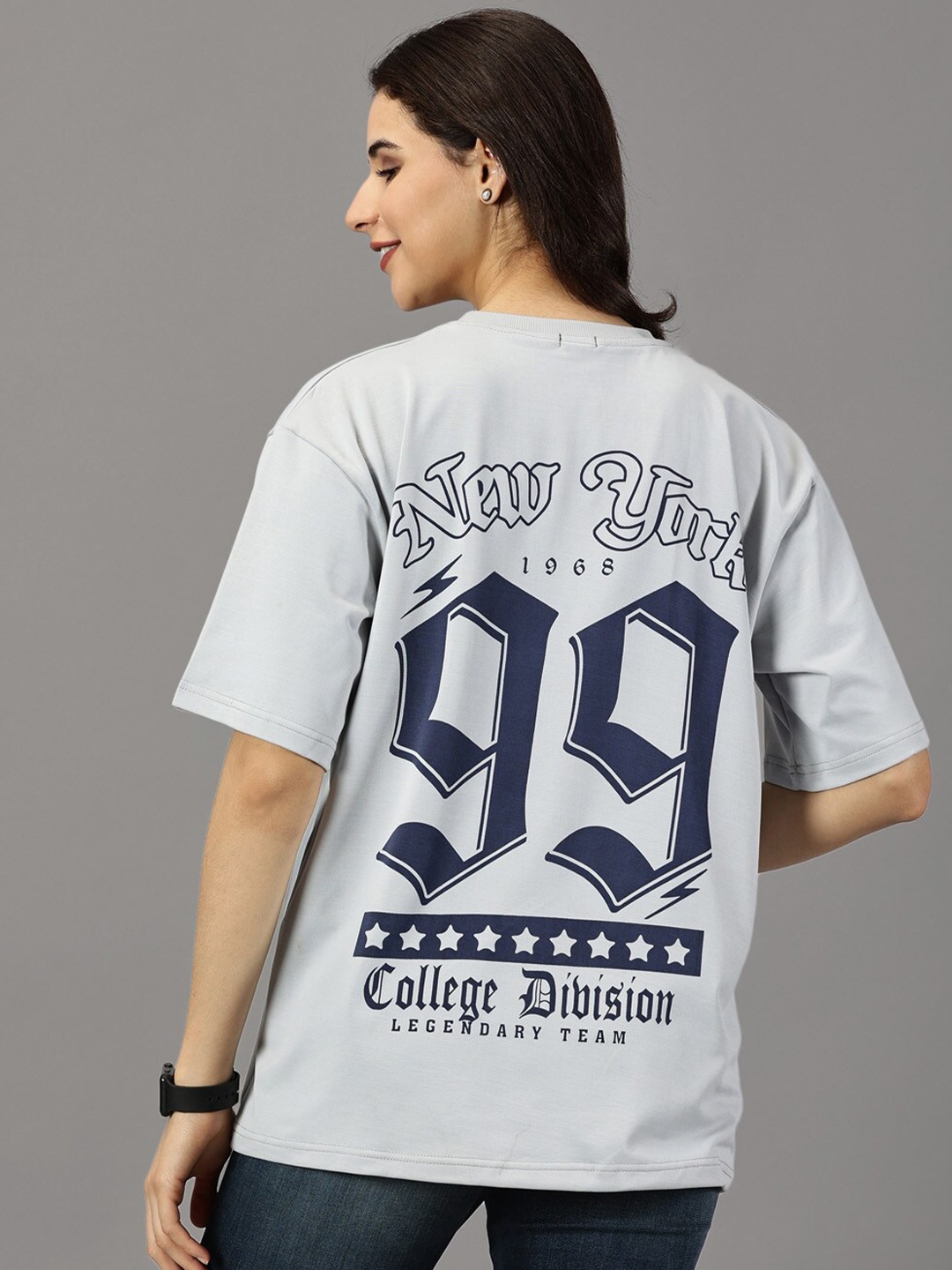 

Rodzen Typography Printed Drop-Shoulder Sleeves Pure Cotton Oversized T-shirt, Blue