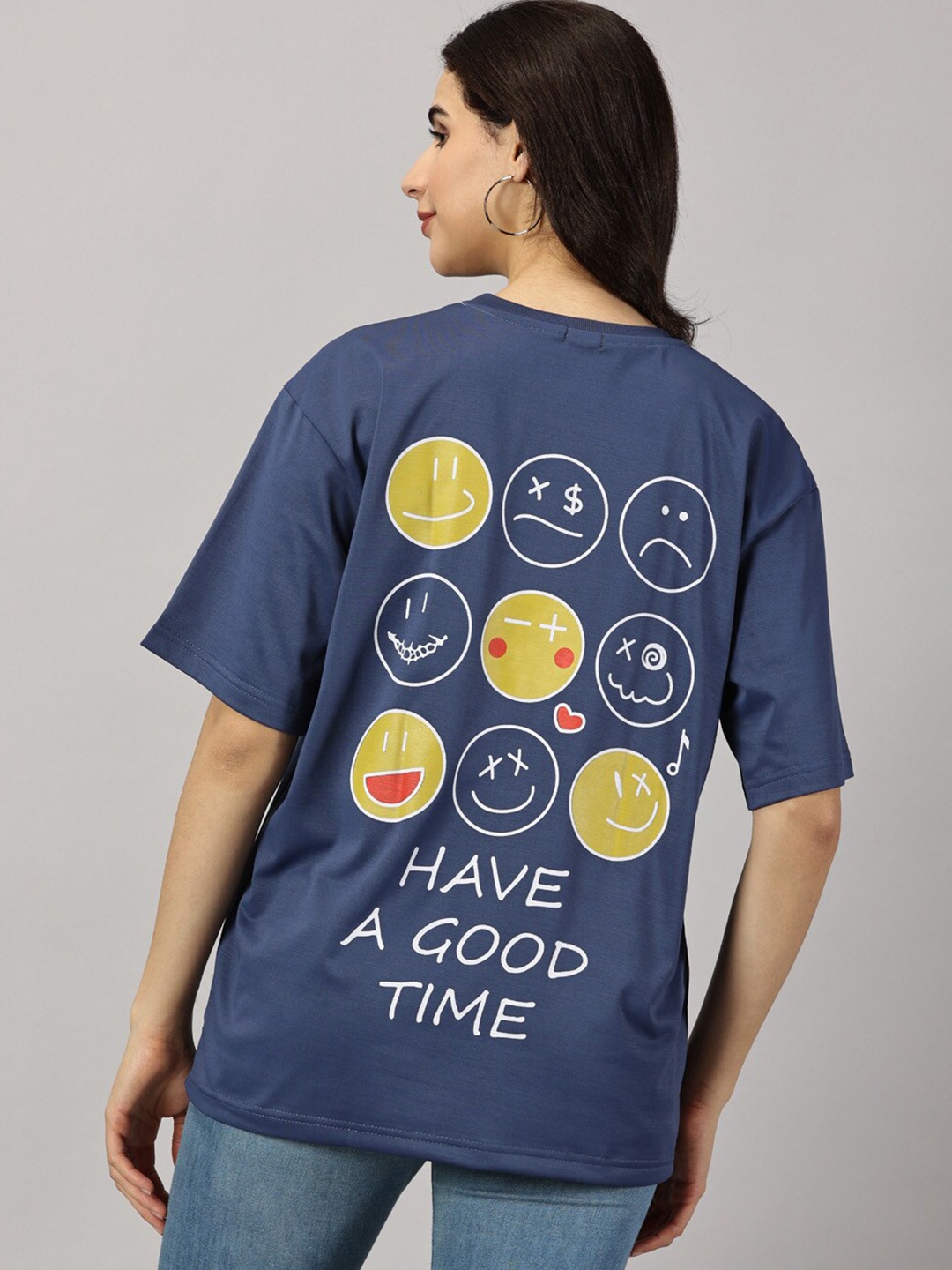 Rodzen Graphic Printed Drop-Shoulder Sleeves Pure Cotton Oversized T-shirt, Blue