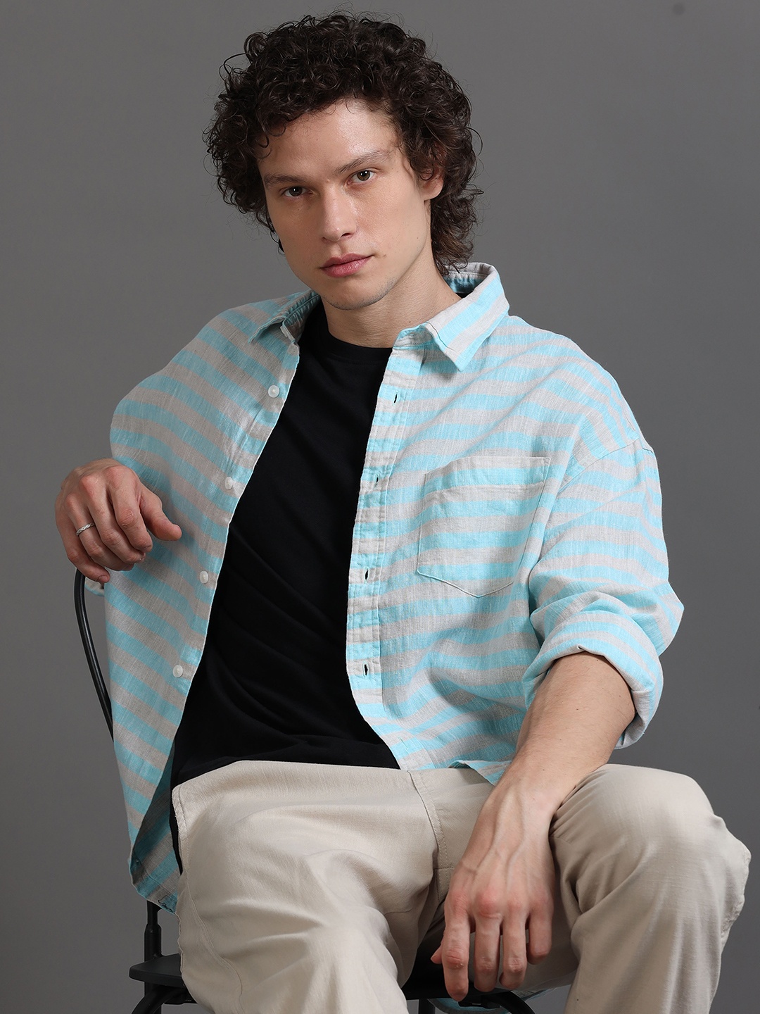 

SILISOUL Relaxed Checked Oversized Casual Shirt, Turquoise blue