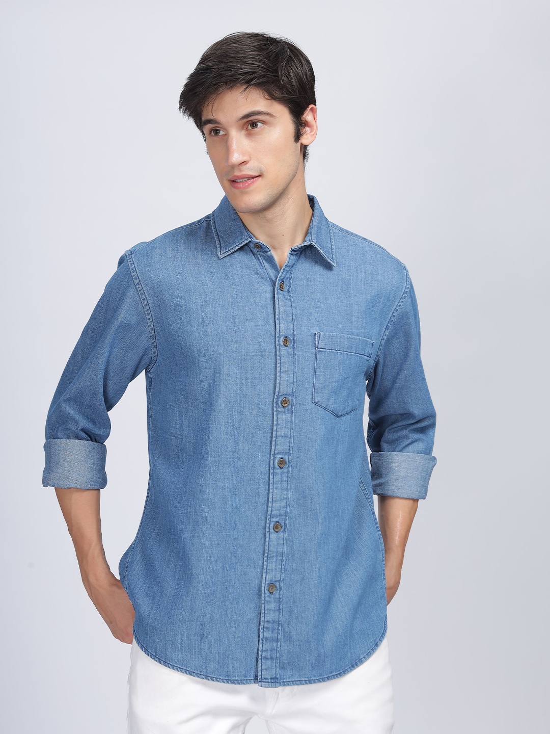 

SILISOUL Classic Spread Collar Denim Casual Shirt, Blue