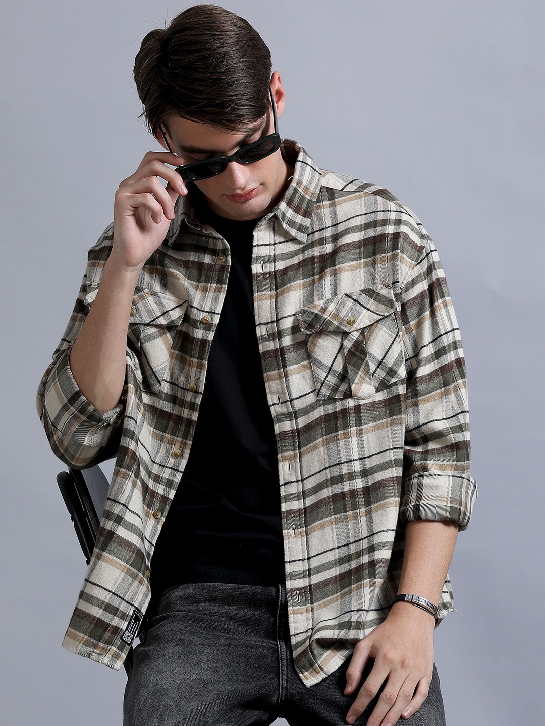 

SILISOUL Relaxed Oversized Tartan Checked Flannel Weave Pure Cotton Casual Shirt, Beige