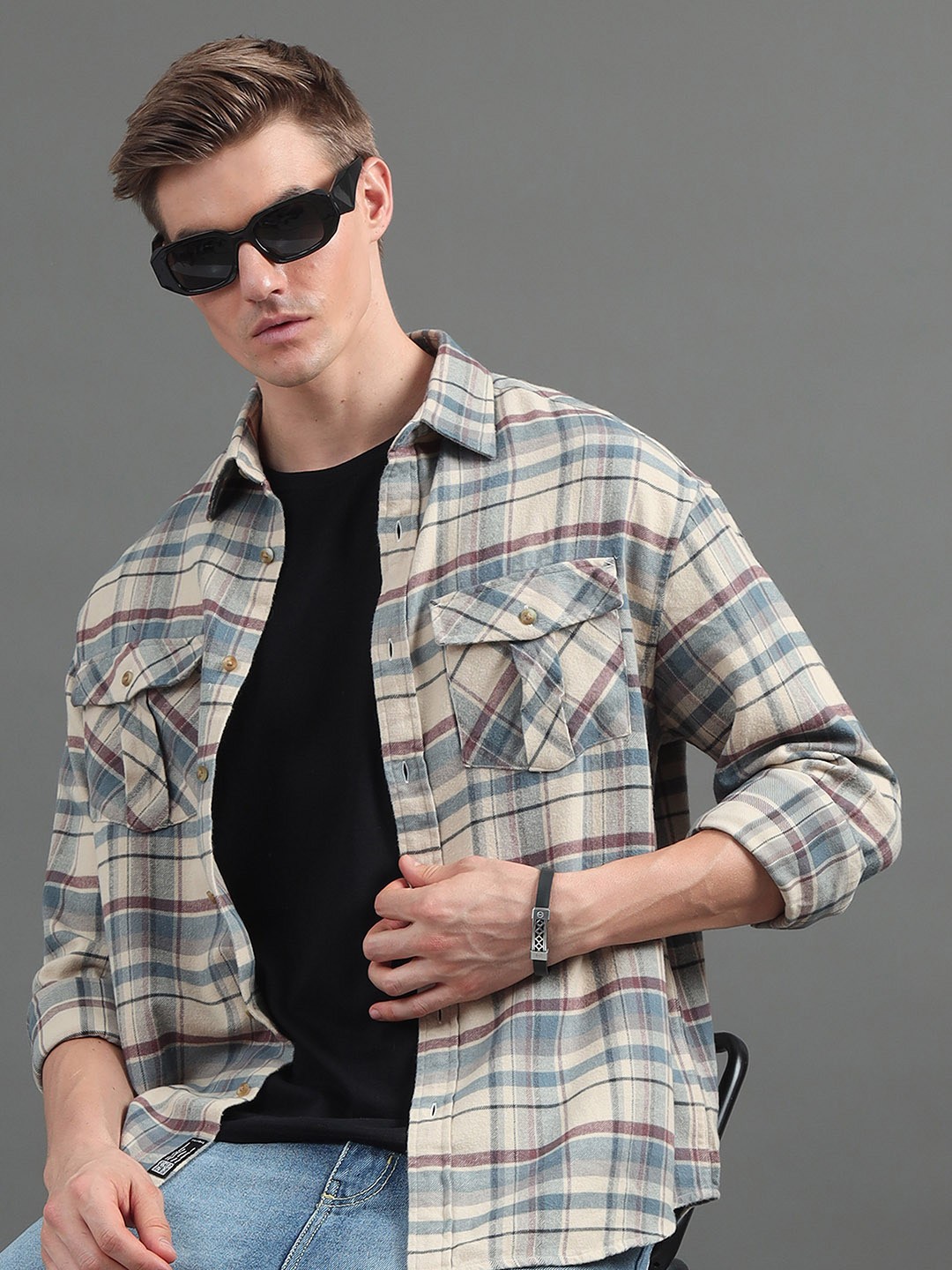 

SILISOUL Oversized Relaxed Tartan Checks Spread Collar Long Sleeves Casual Shirt, Beige