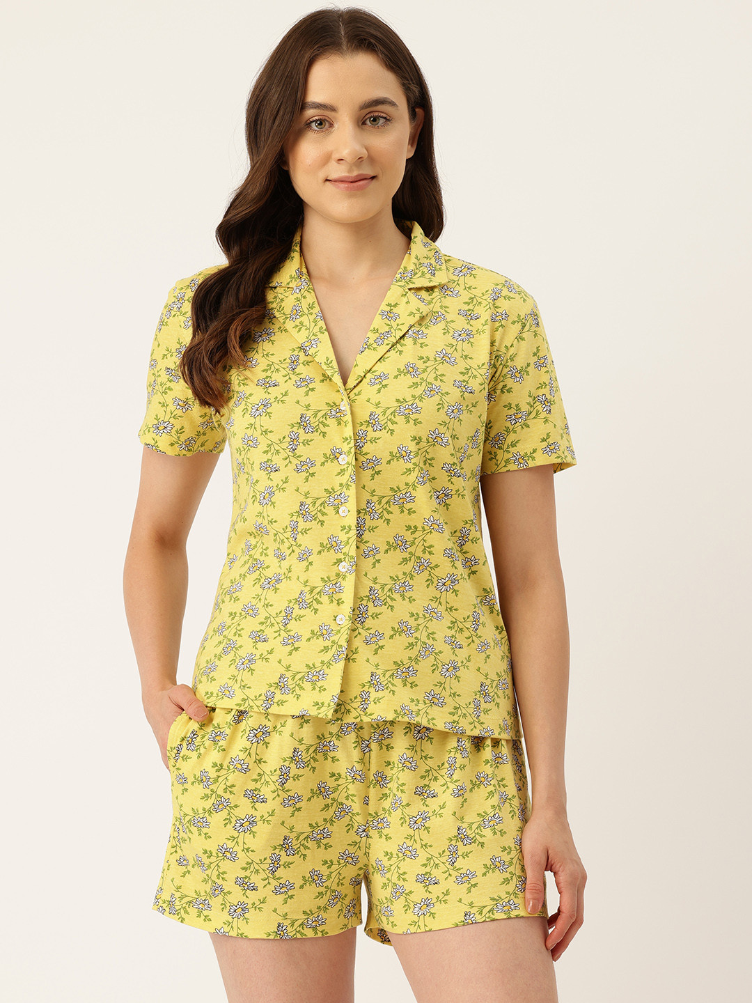 

ETC Women Floral Printed Lapel Collar Night Suit, Yellow