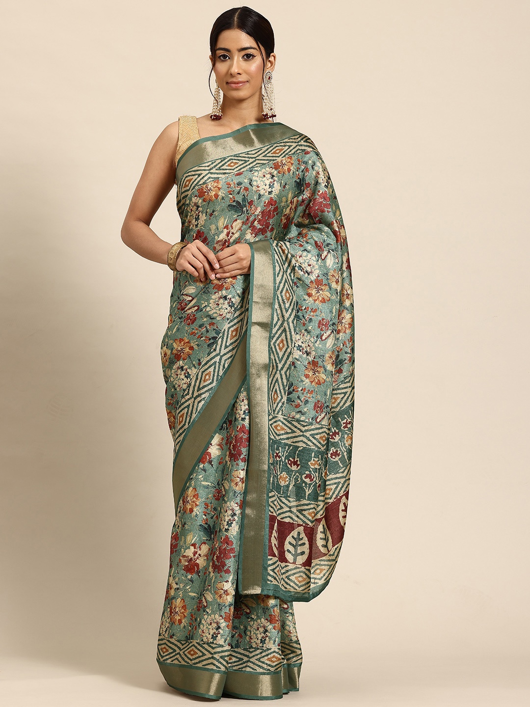 

PBS PRINTS Floral Zari Tussar Saree, Olive