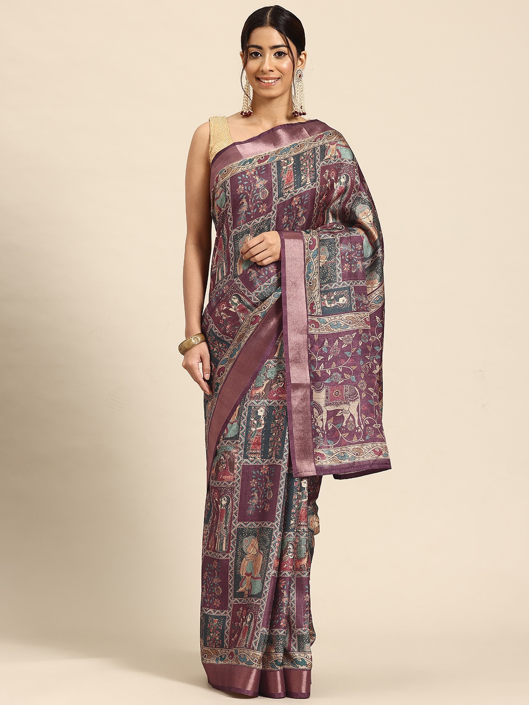 

PBS PRINTS Kalamkari Zari Tussar Saree, Mauve