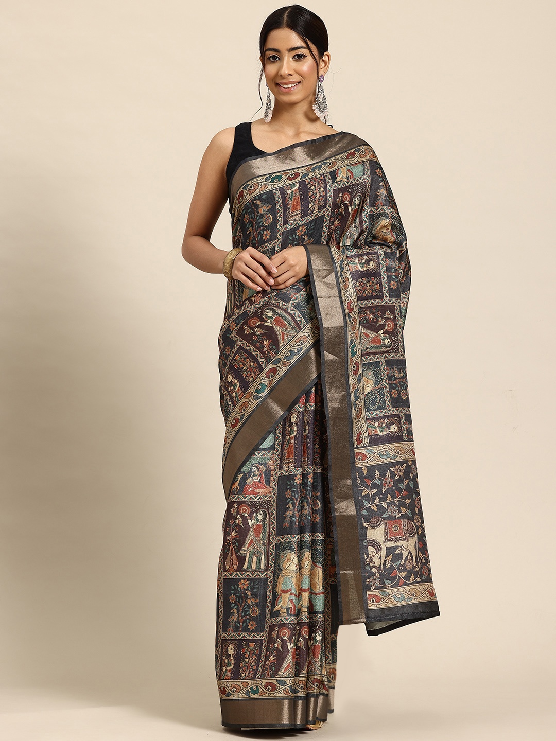 

PBS PRINTS Kalamkari Zari Tussar Saree, Navy blue