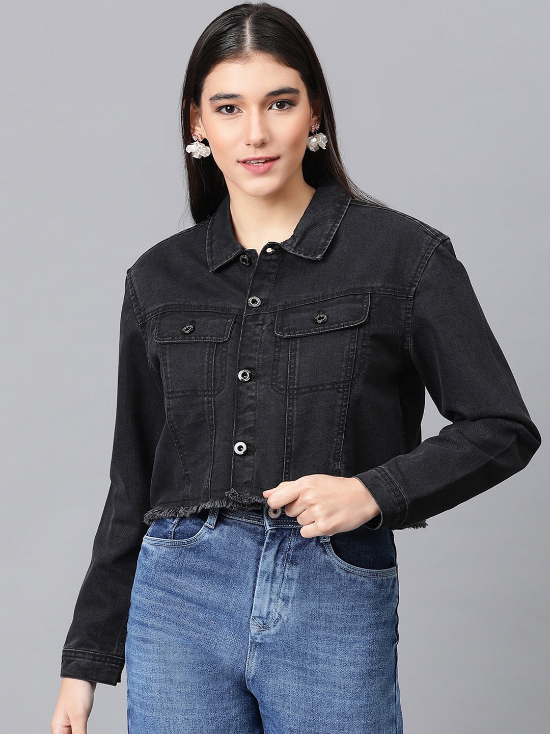 

Code 61 Women Washed Crop Denim Jacket, Black