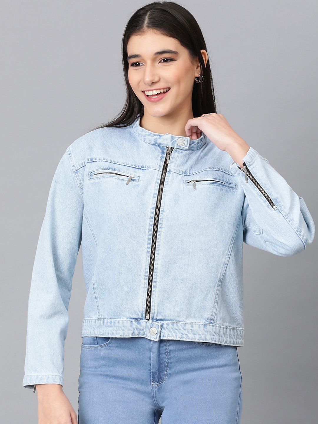 

Code 61 Women Washed Crop Denim Jacket, Turquoise blue