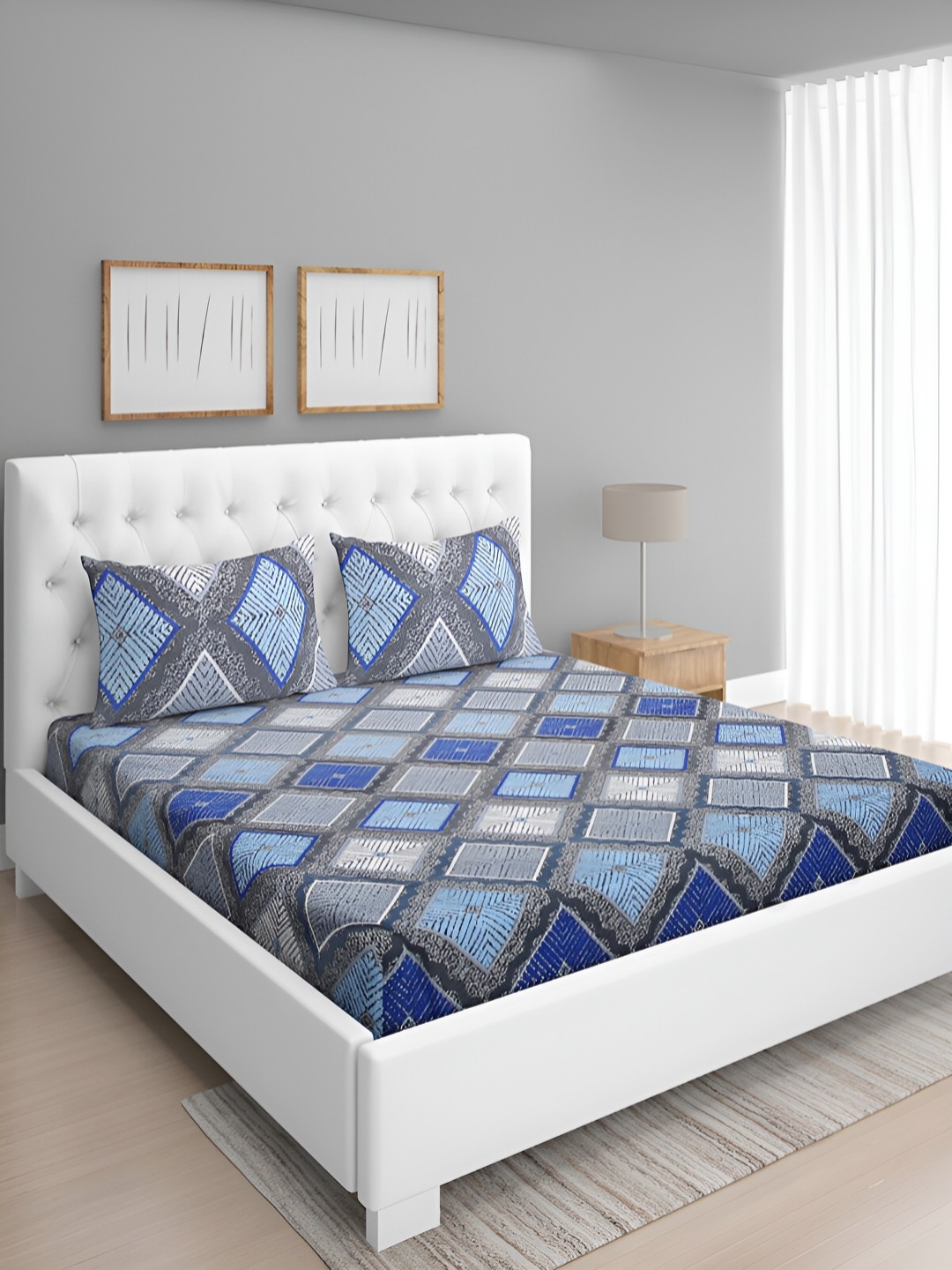 

Aura Blue & Black Geometric 160 TC Microfiber Queen Bedsheet With 2 Pillow Covers