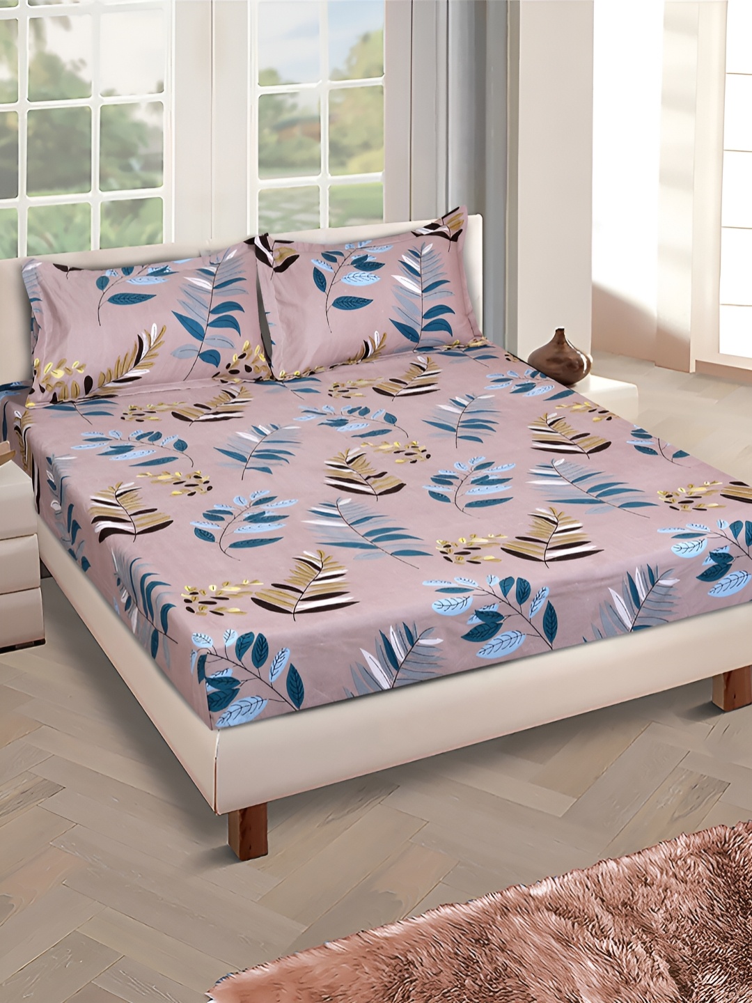 

Aura Beige & Blue Floral Microfiber 150 TC Queen Bedsheet With 2 Pillow Covers