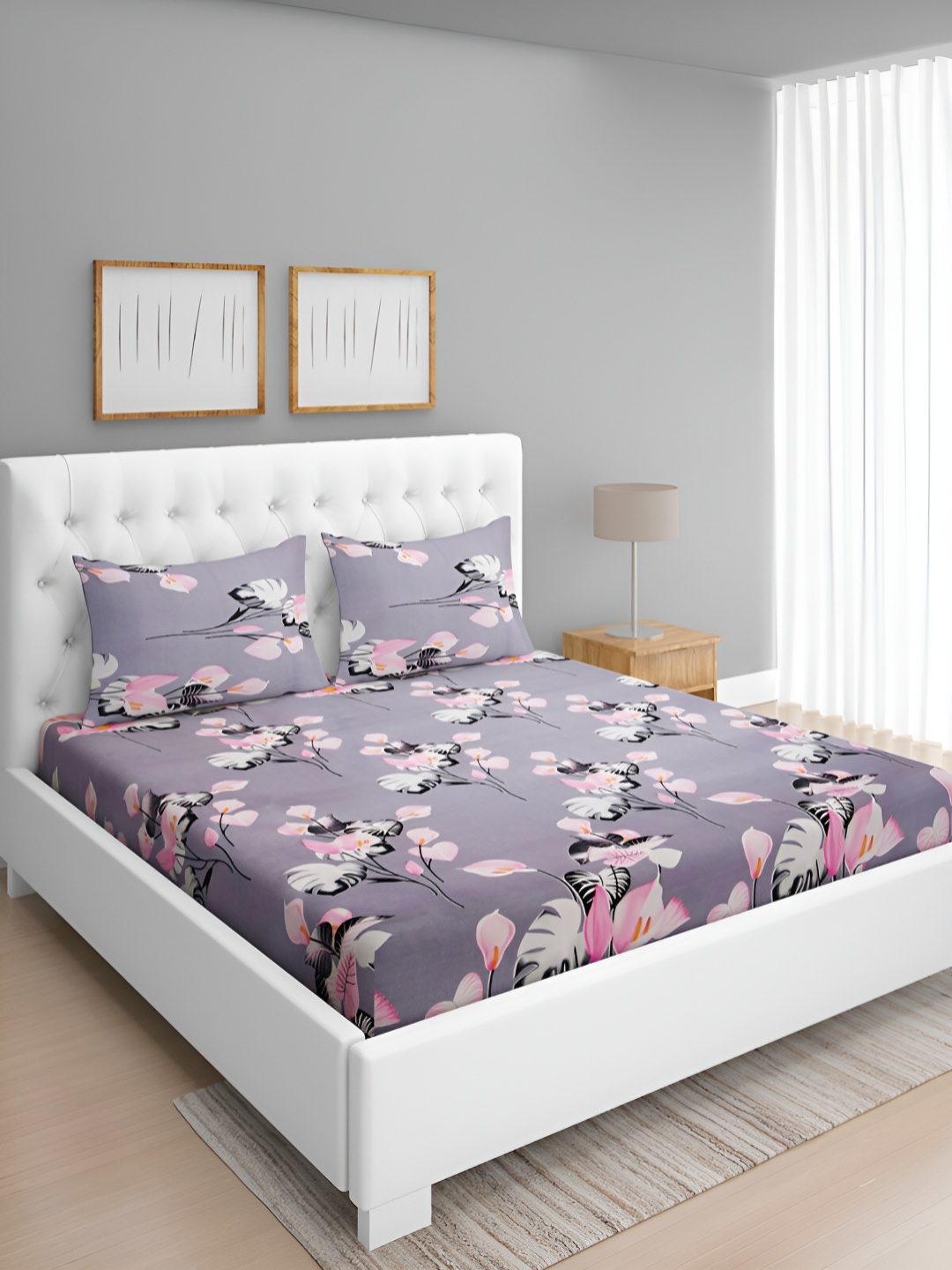 

Aura Grey & White Floral 160 TC Microfiber Queen Bedsheet With 2 Pillow Covers