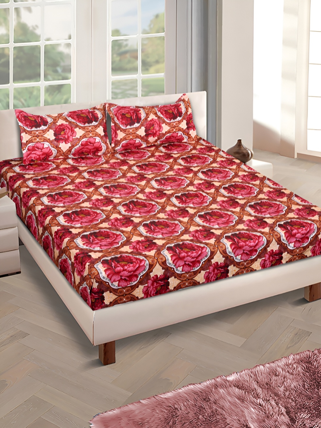 

Aura Red & White Floral 160 TC Microfiber Queen Bedsheet With 2 Pillow Covers