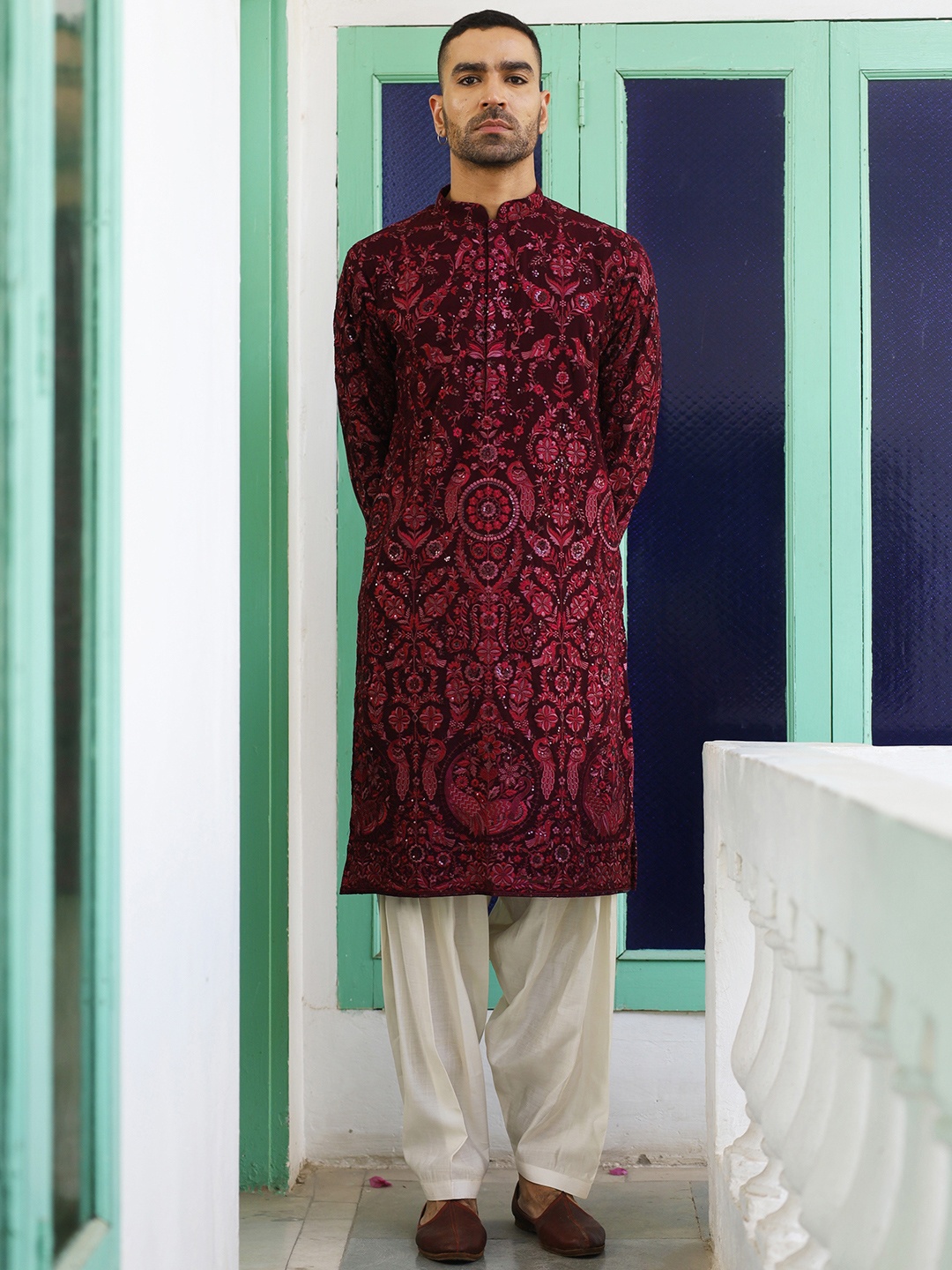 

KALPRAAG Mandarin Collar Embroidered Regular Sequinned Kurta with Patiala, Purple