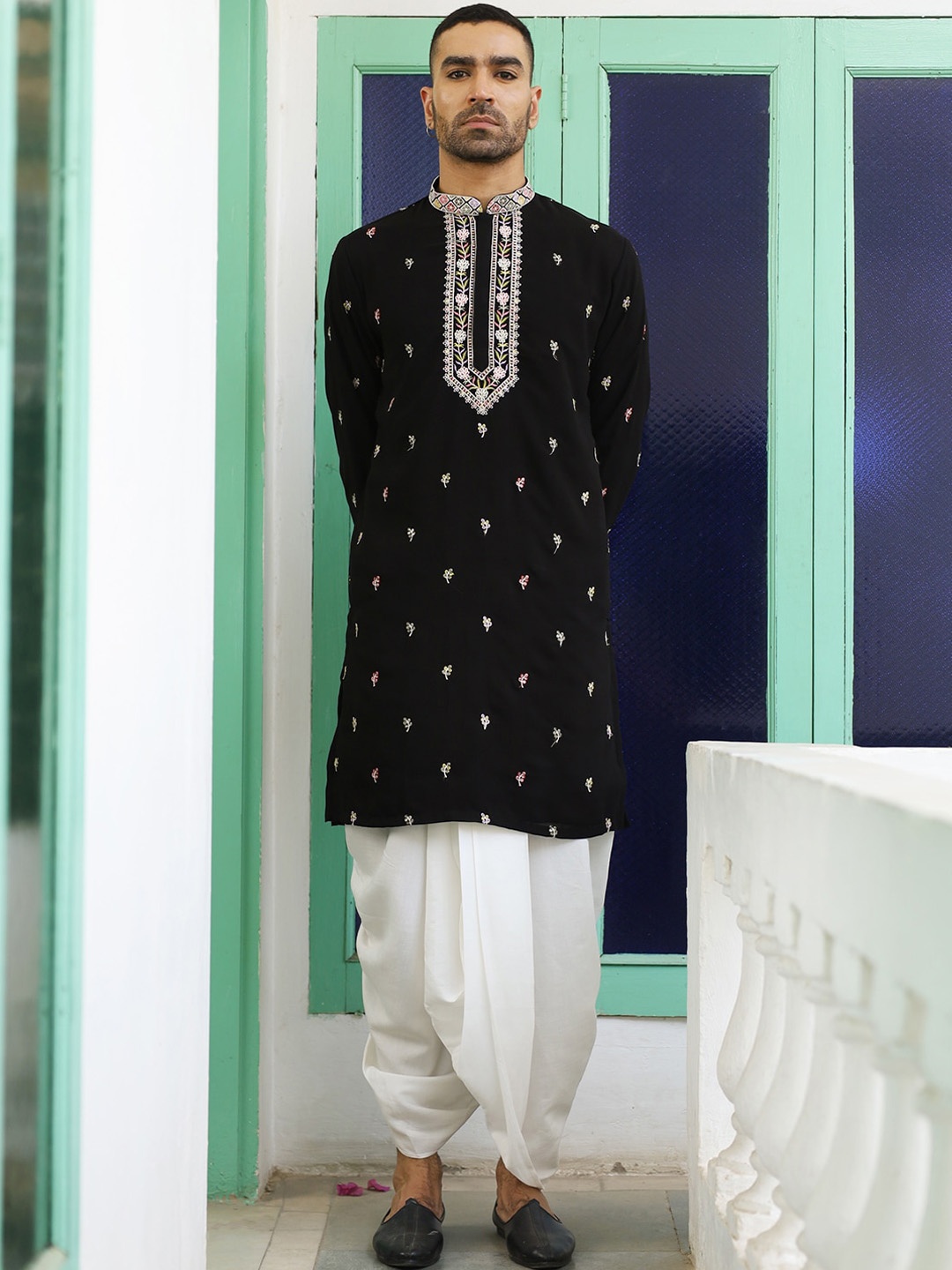 

KALPRAAG Embroidered Regular Mirror Work Kurta With Dhoti Pants & With Jacket, Black