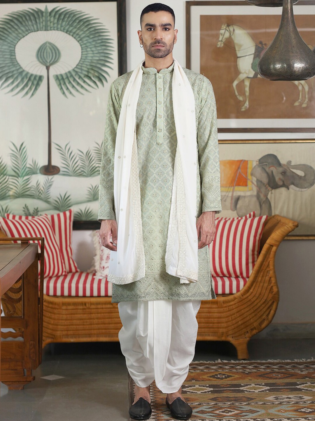 

KALPRAAG Embroidered Regular Sequinned Kurta with Dhoti Pants & With Dupatta, Green