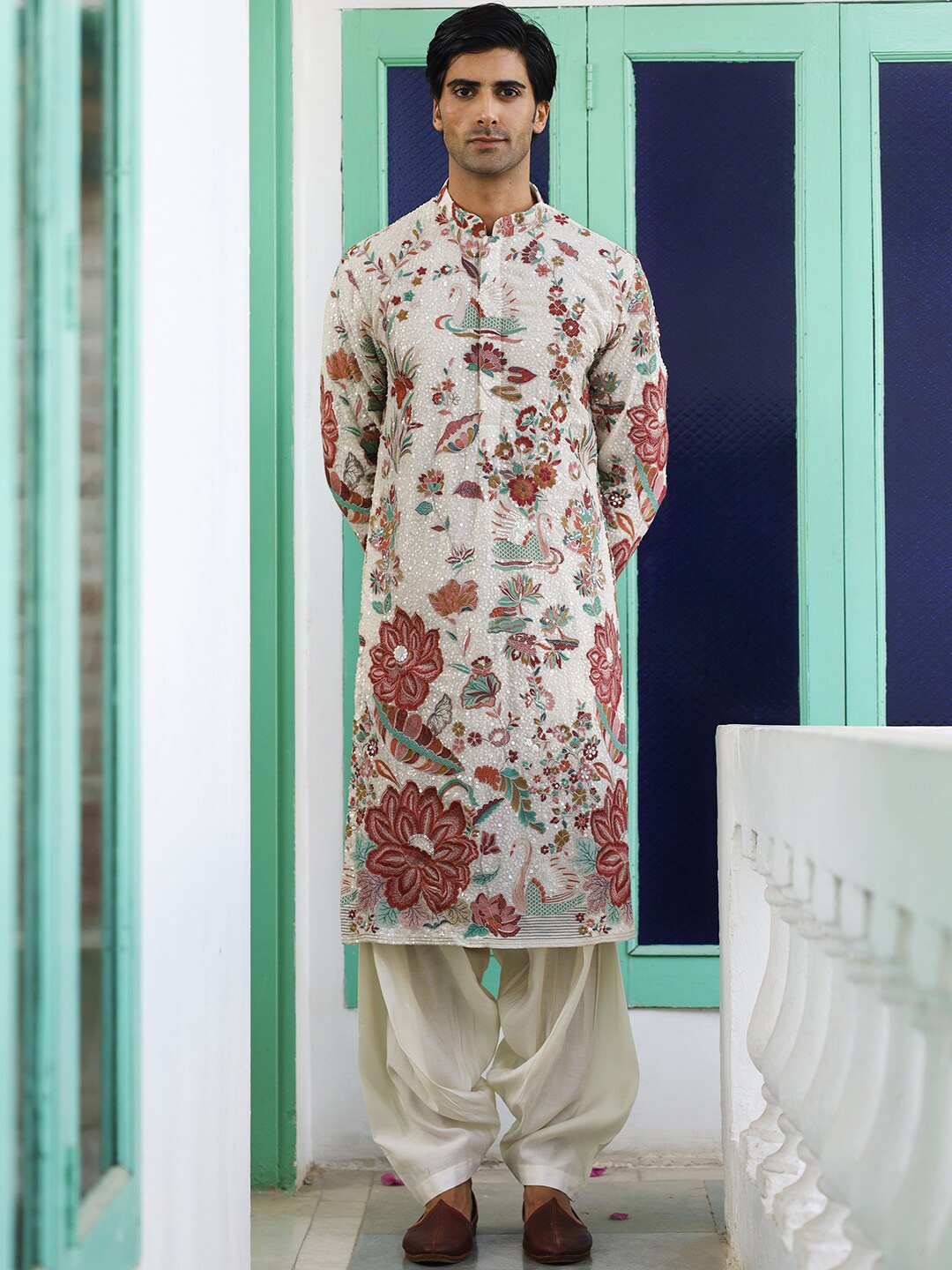 

KALPRAAG Floral Embroidered Sequinned Georgette Straight Kurta with Dhoti Pants & Dupatta, Cream