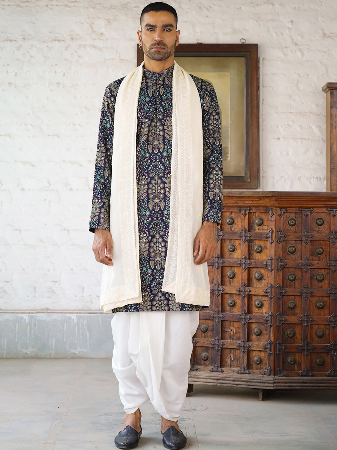 

KALPRAAG Embroidered Regular Sequinned Kurta with Dhoti Pants & Dupatta, Navy blue