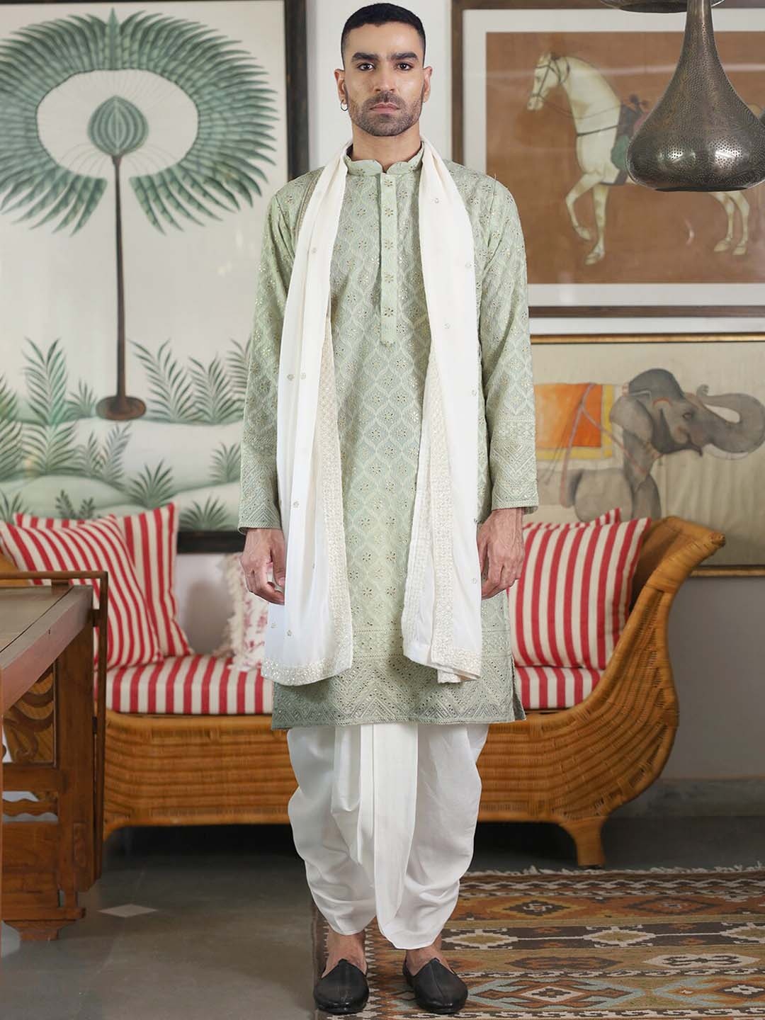 

KALPRAAG Ethnic Motifs Embroidered Mandarin Collar Kurta with Dhoti Pants & Dupatta, Blue