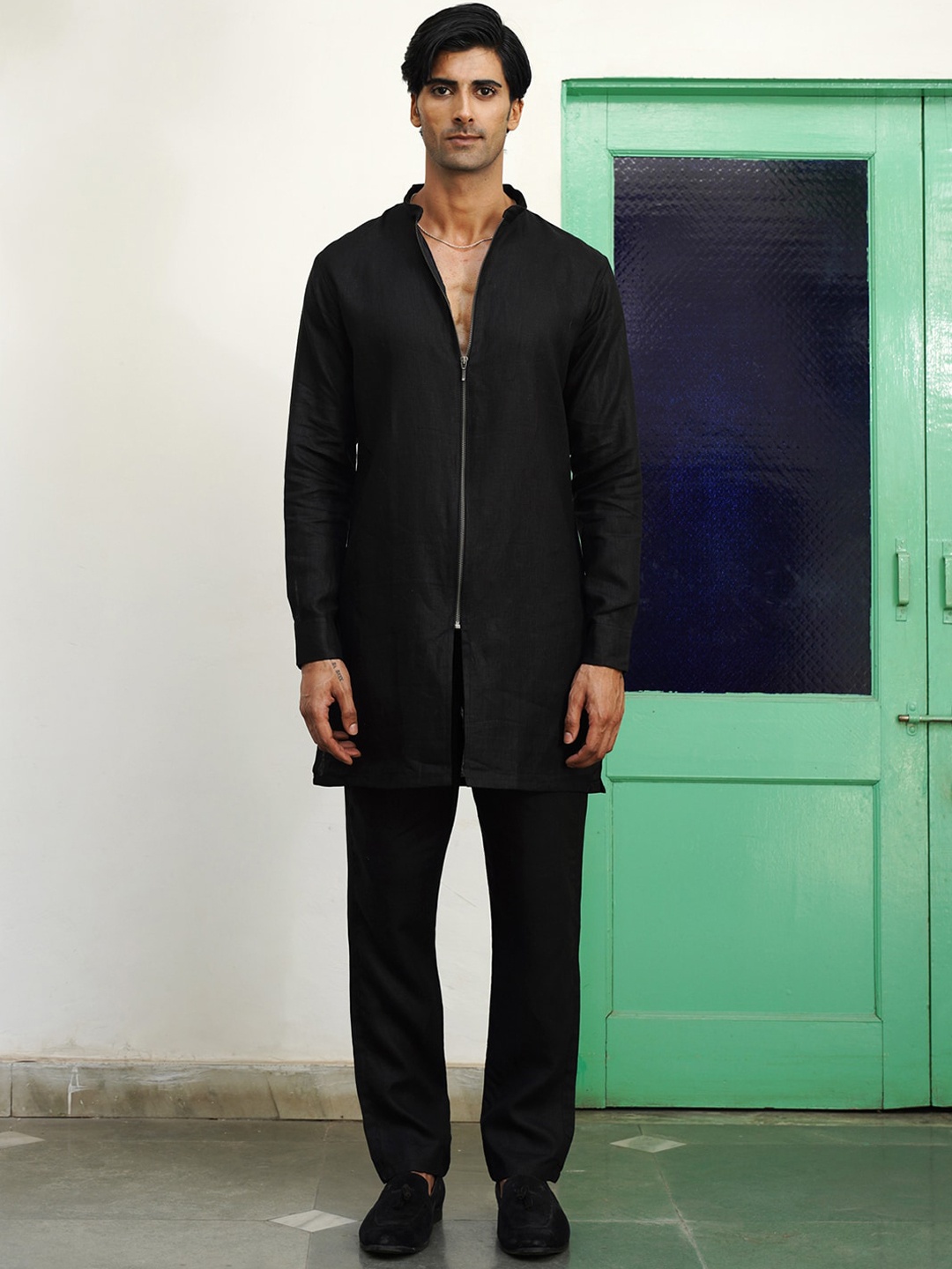 

KALPRAAG Regular Linen Kurta With Trouser, Black