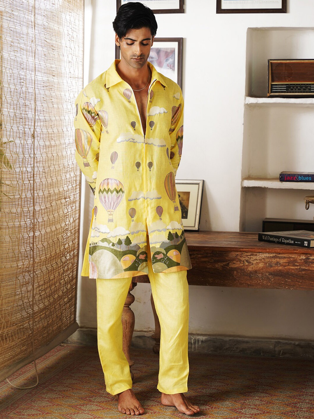 

KALPRAAG Embroidered Regular Thread Work Linen Kurta with Trousers, Yellow