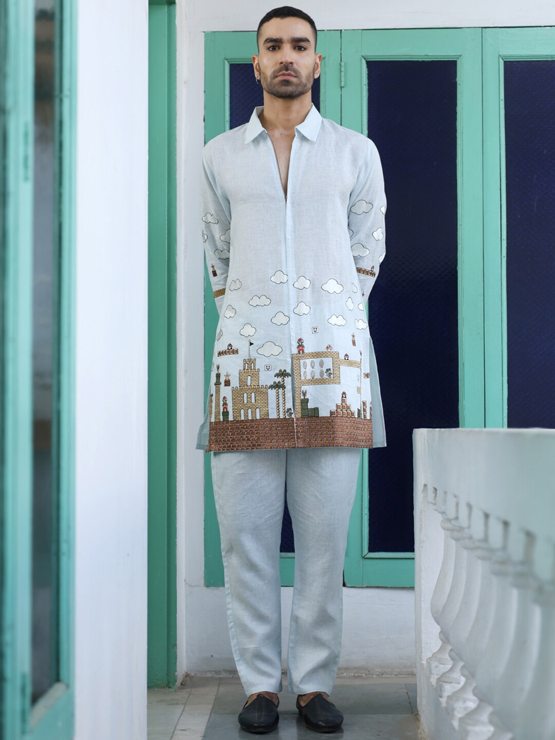 

KALPRAAG Embroidered Regular Thread Work Linen Kurta With Trouser, Turquoise blue
