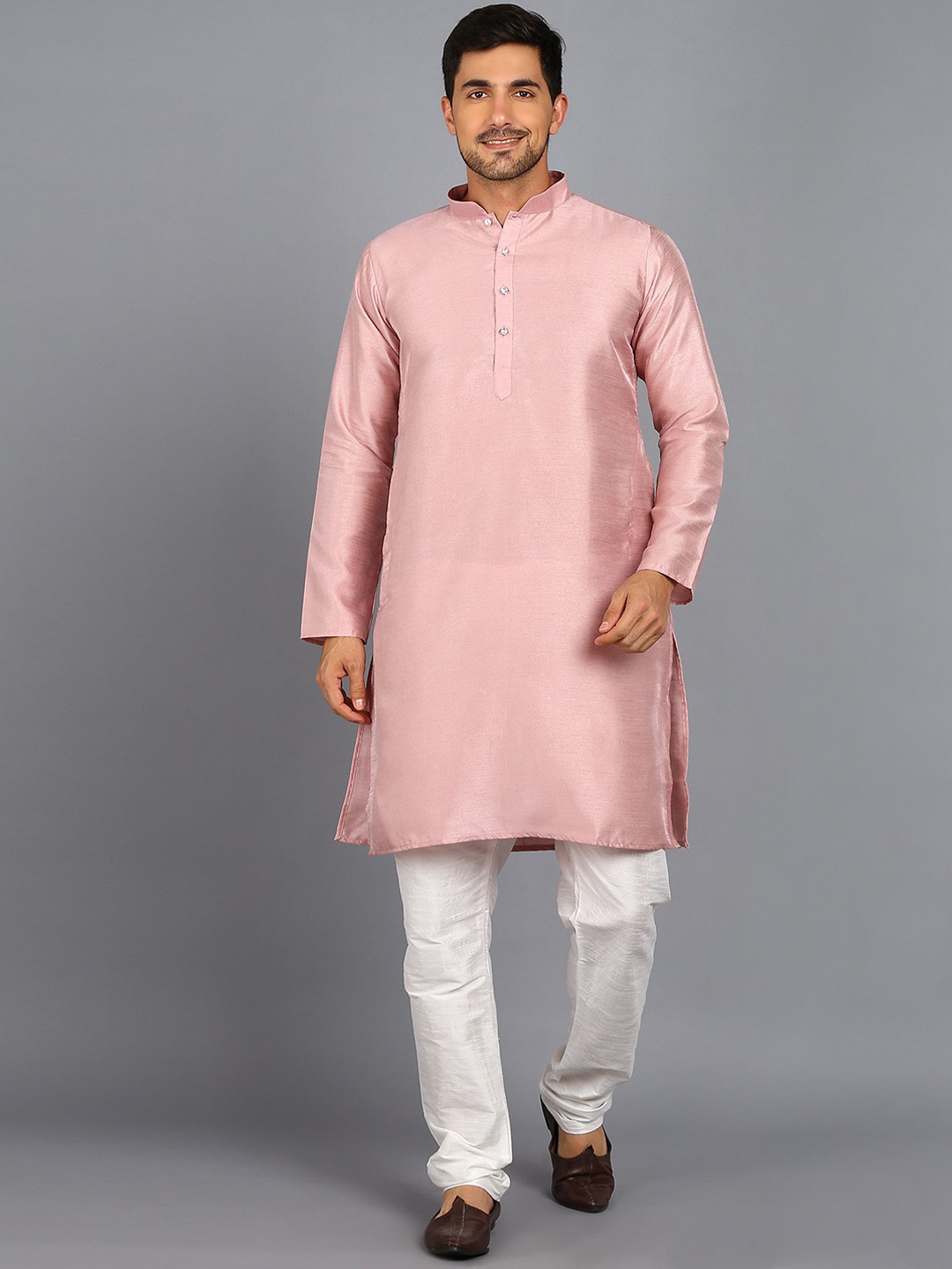 

Anouk Thread Work Art Silk Mandarin Collar Straight Kurta, Pink