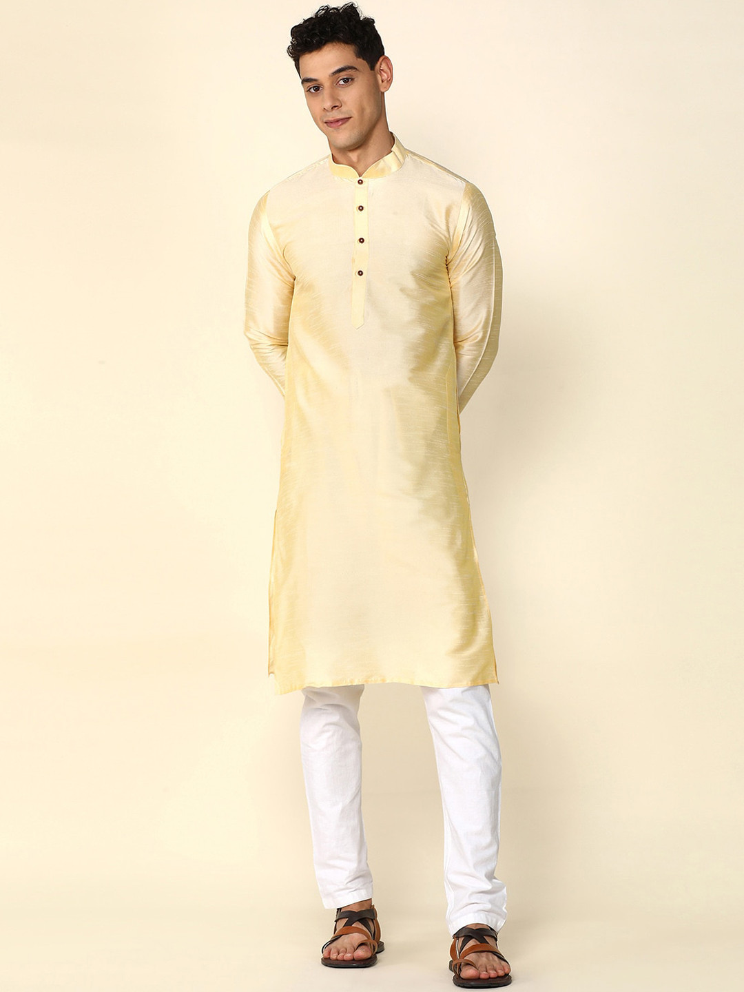

Anouk Mandarin Collar Full Sleeves Art Silk Straight Kurta, Cream