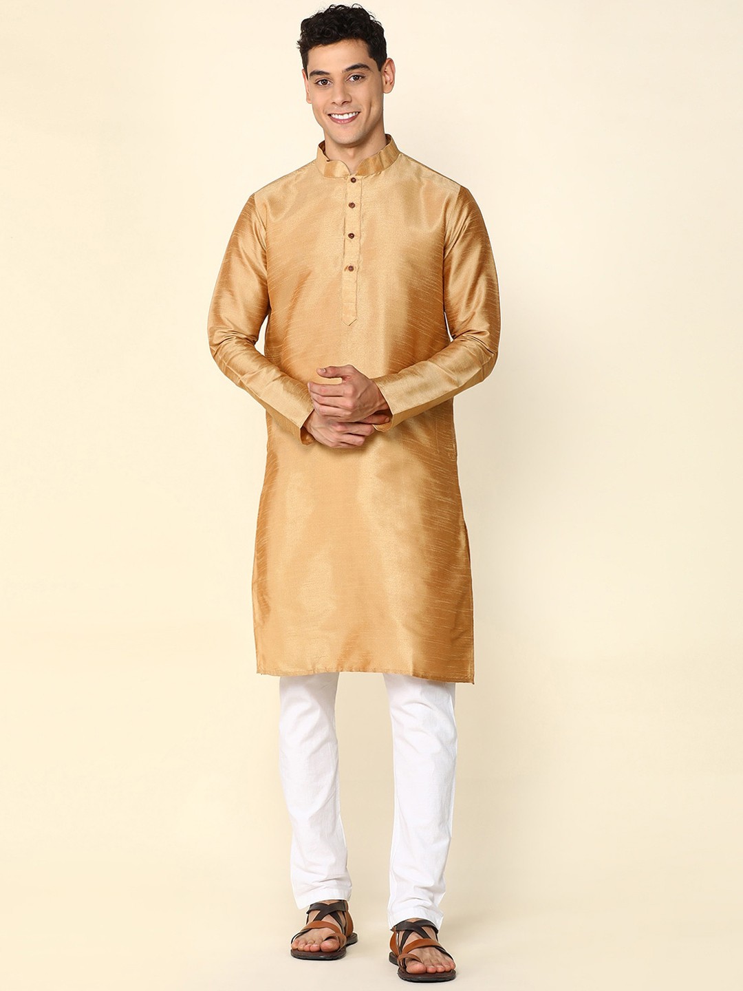

Anouk Thread Work Art Silk Mandarin Collar Straight Kurta, Gold