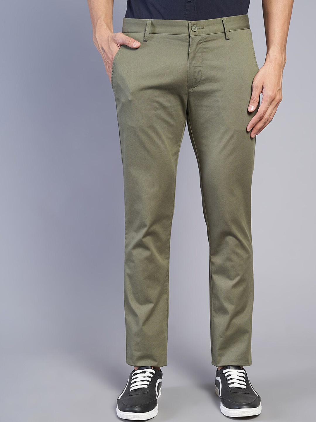 

Greenfibre Men Mid-Rise Zip Flat-Front Plain Cotton Slim Fit Chinos Trouser, Olive