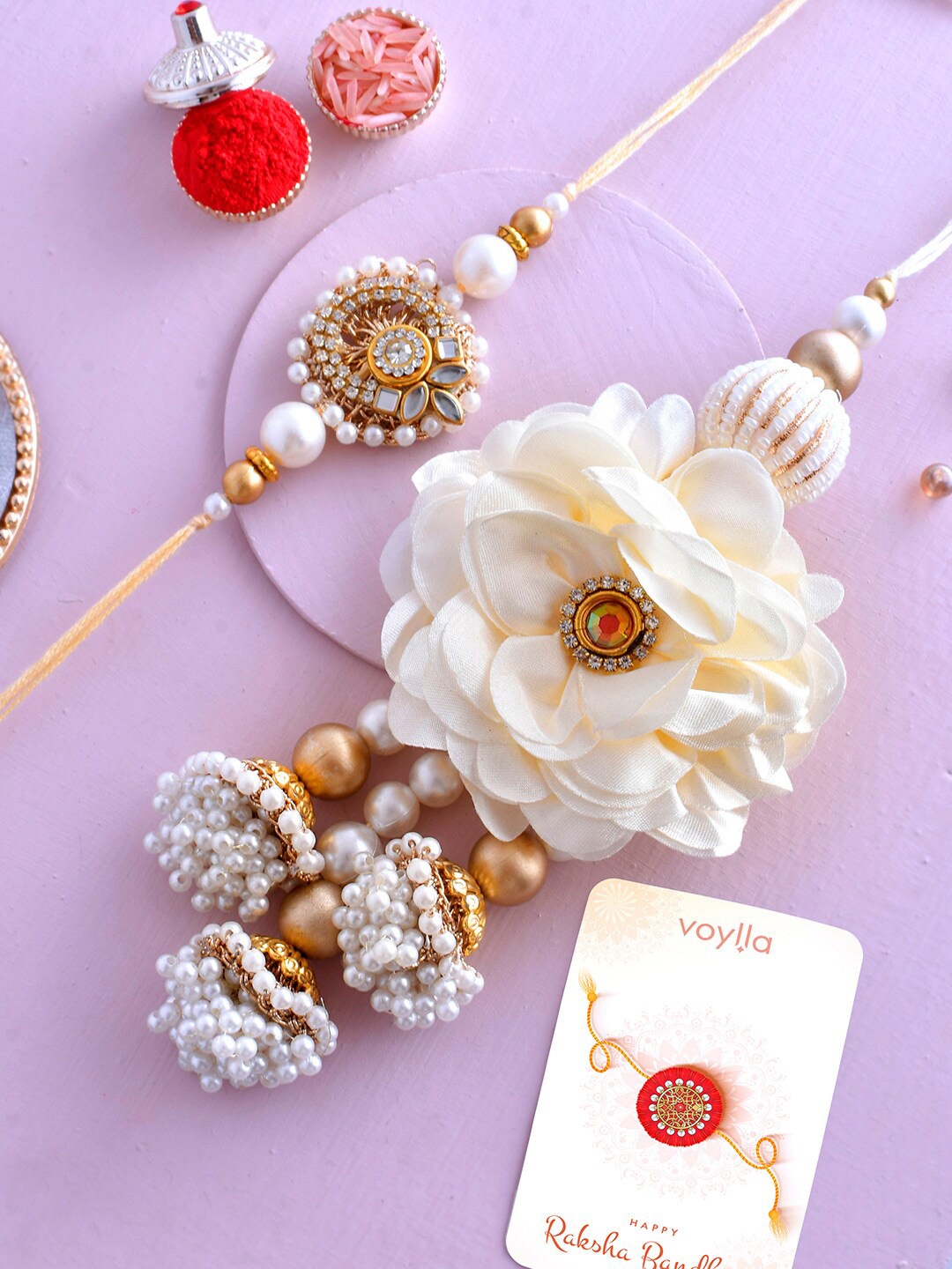 

Voylla Unisex Set of 2 Pearls & Kundan Embellished Bhaiya-Bhabhi Rakhis, Gold