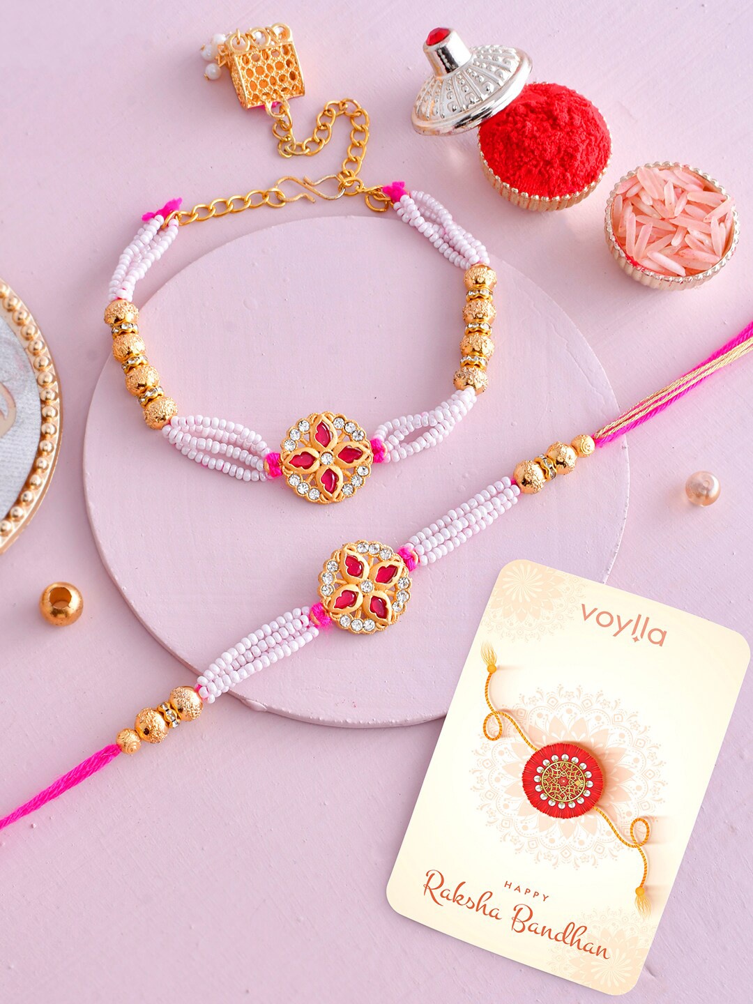 

Voylla Set of 2 Pearls Detail Bhaiya-Bhabhi Rakhis, Gold