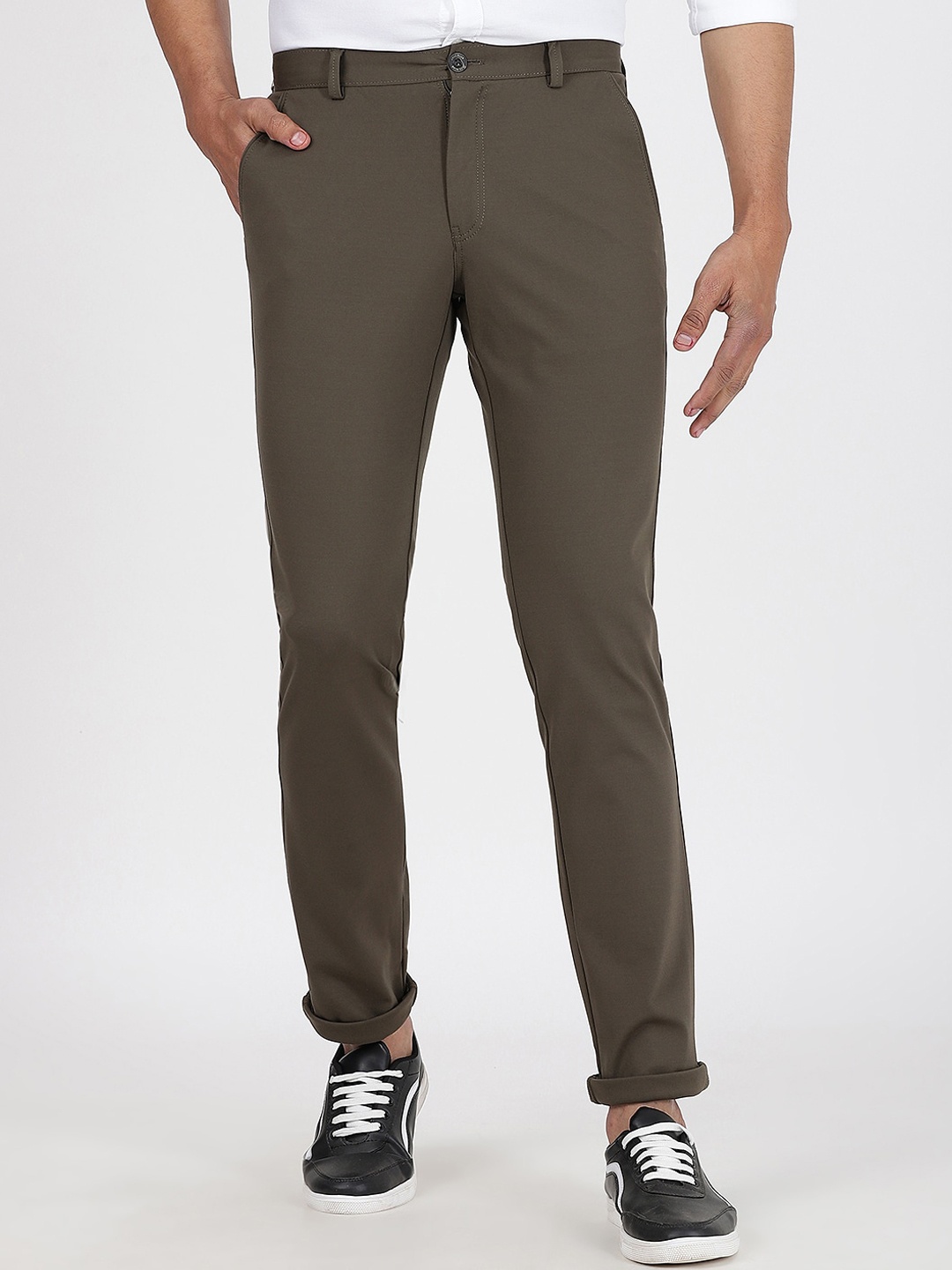 

JADE BLUE Men Mid Rise Cotton Trousers, Olive