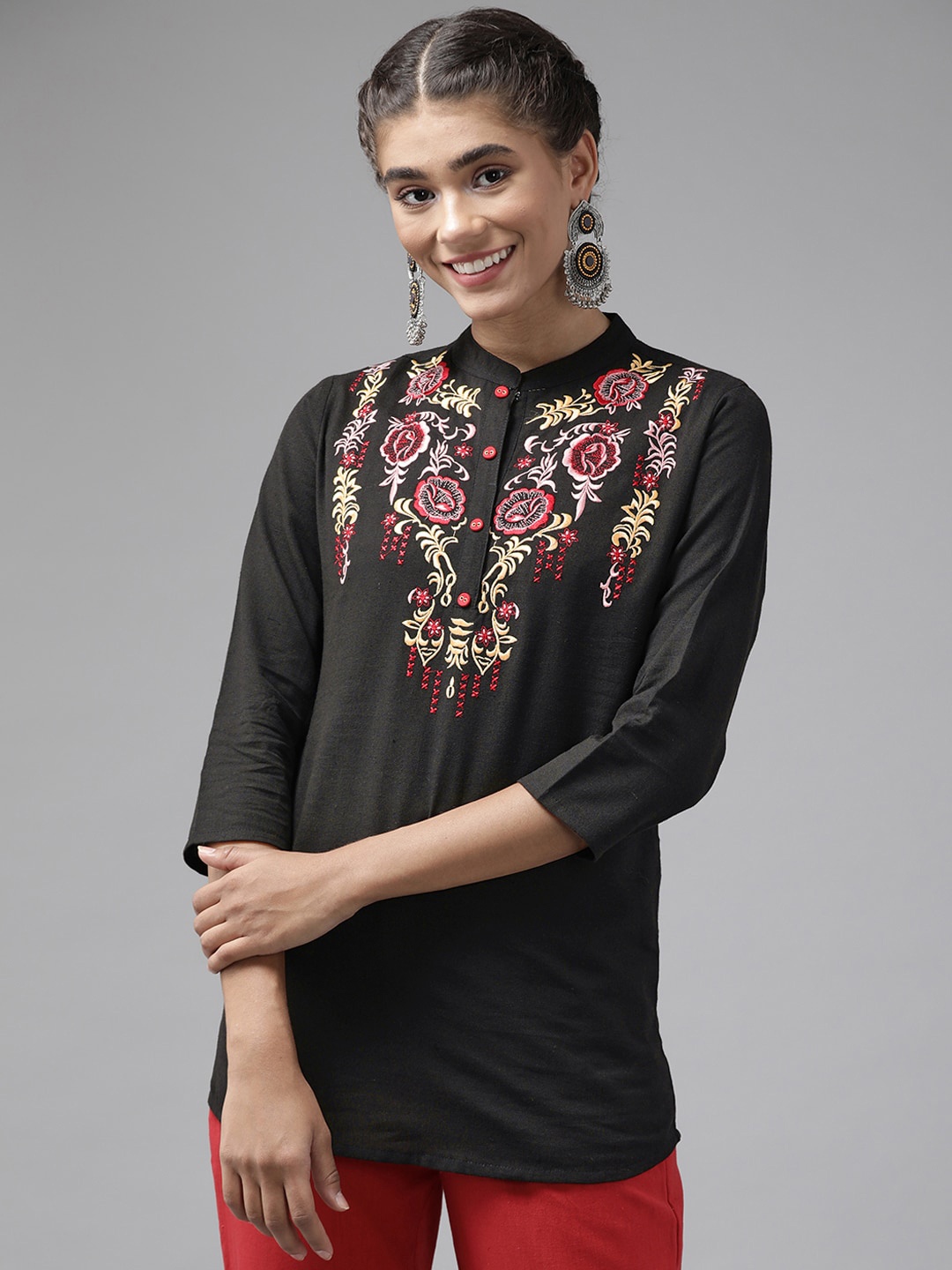 

KALINI Floral Print Embroidered Mandarin Collar Cotton Regular Top, Black