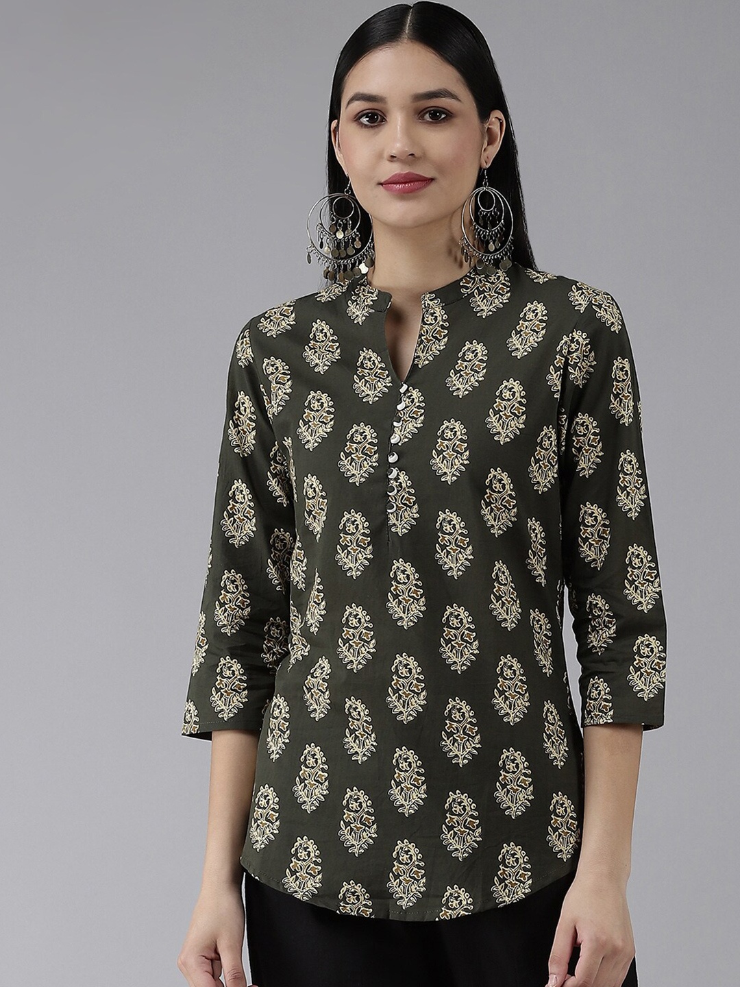 

KALINI Ethnic Motifs Print Mandarin Collar Cotton Regular Top, Green