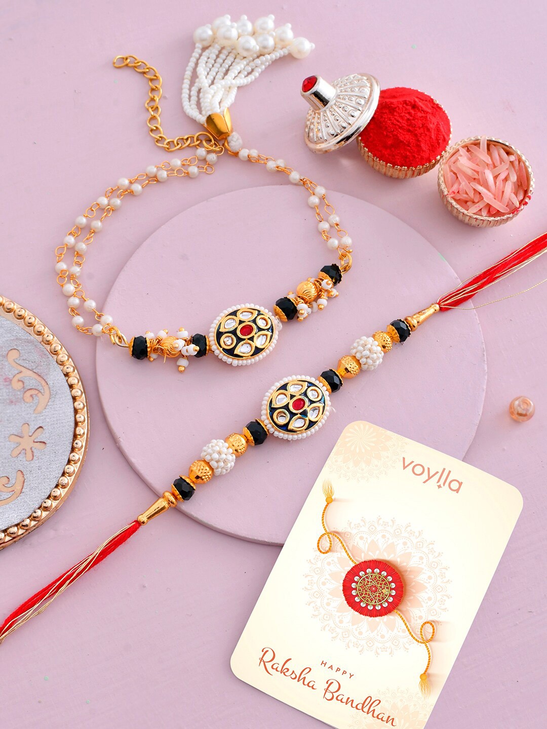 

Voylla Unisex Set of 2 Embellished Bhaiya Bhabhi Rakhis, Gold
