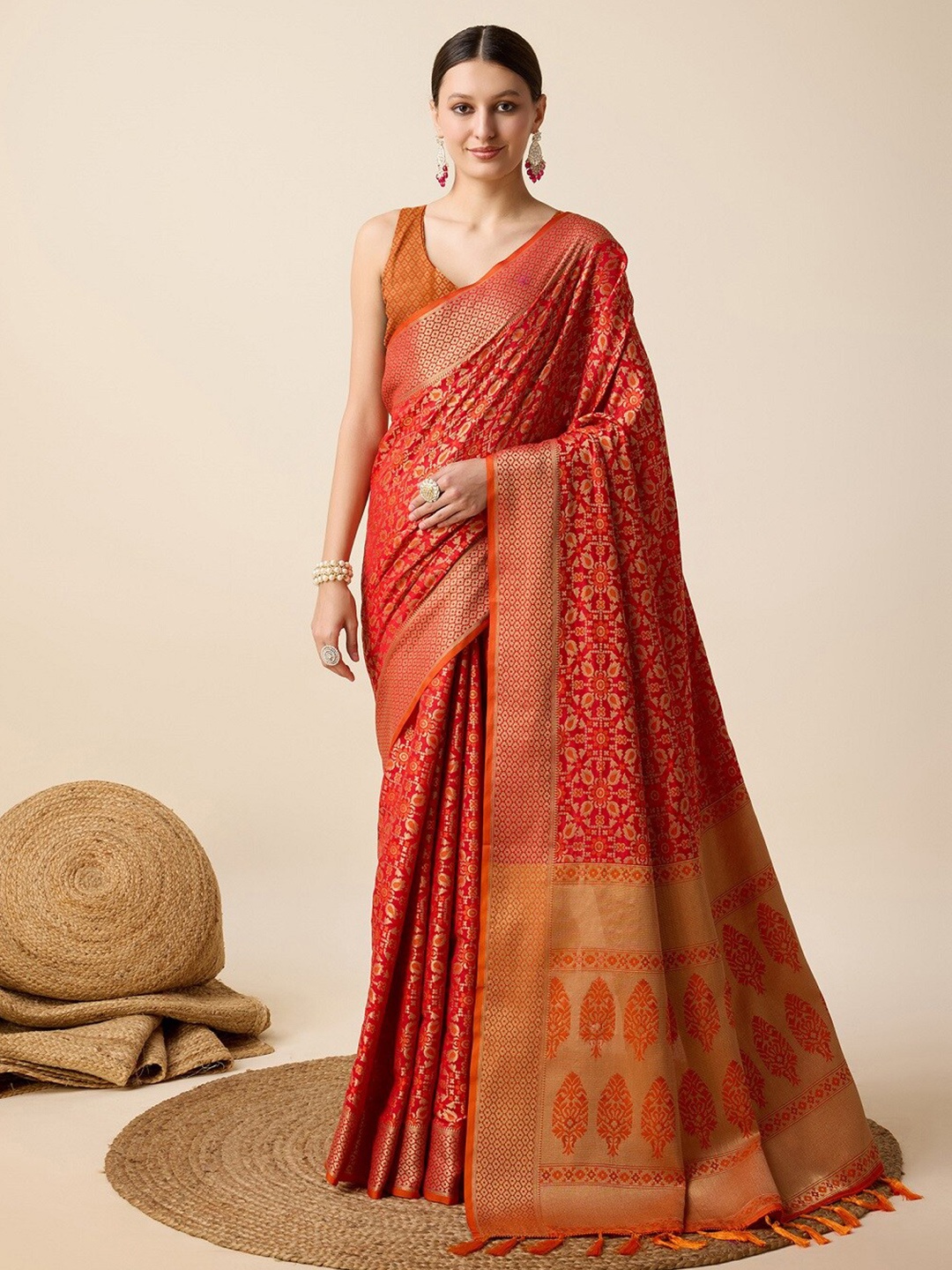 

Mitera Ethnic Motifs Woven Design Zari Patola Saree, Red