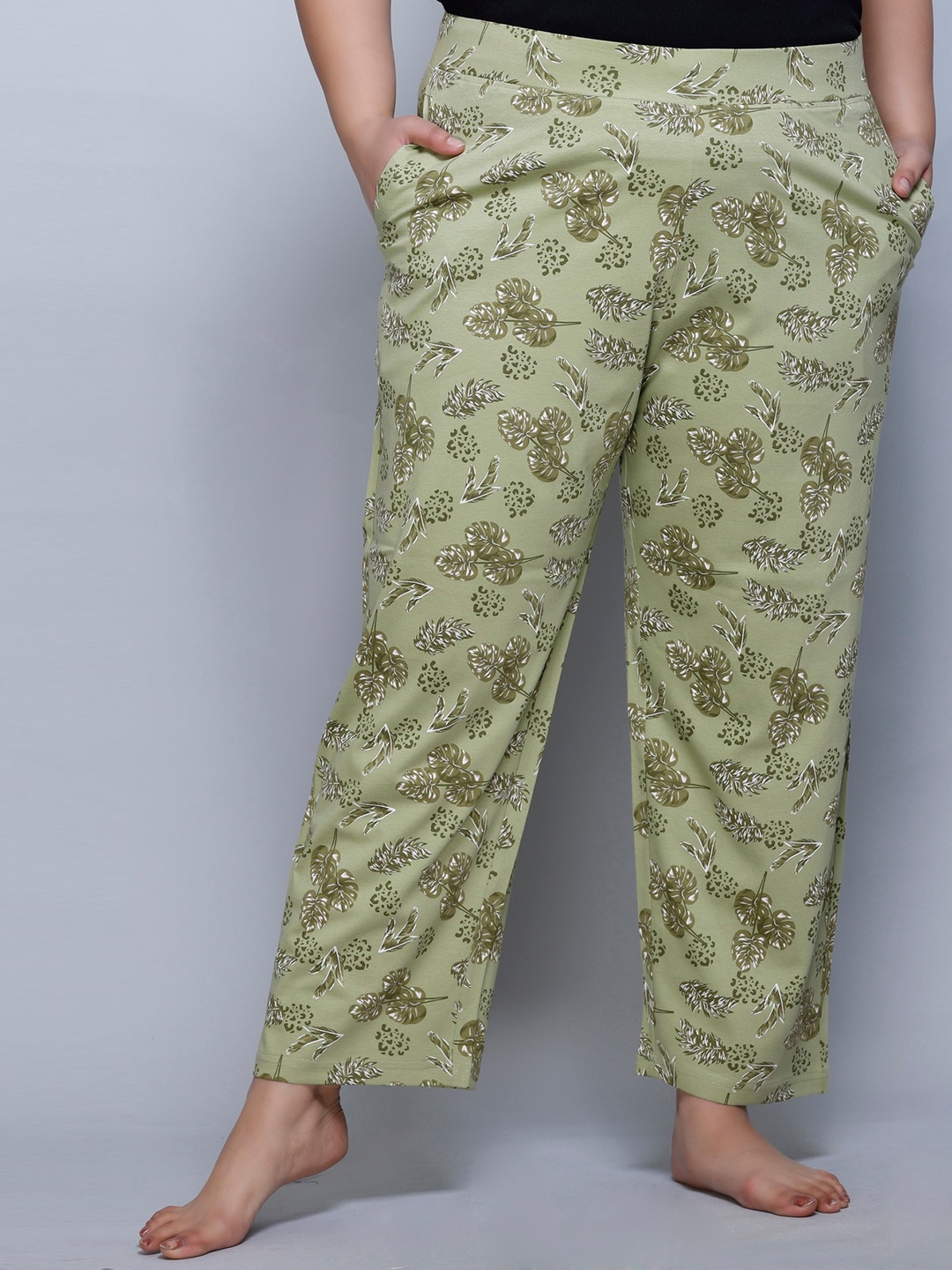 

IN Love Women Plus Size Printed Mid-Rise Cotton Straight Lounge Pant, Green