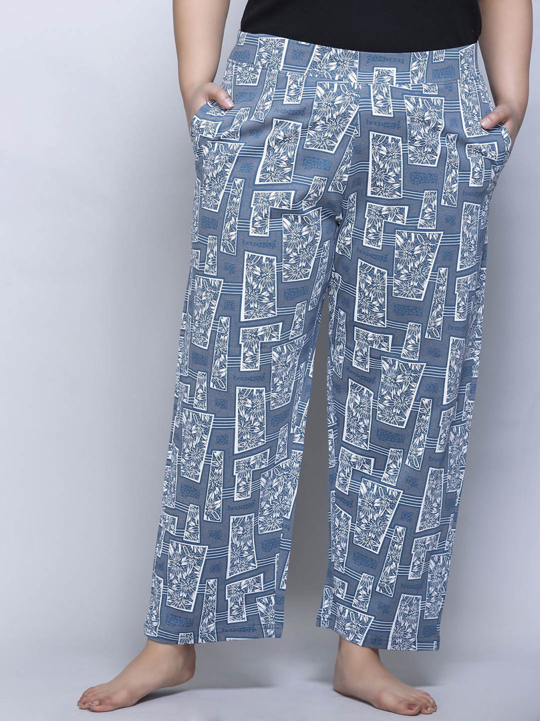 

IN Love Women Plus Size Printed Mid-Rise Cotton Straight Lounge Pant, Blue