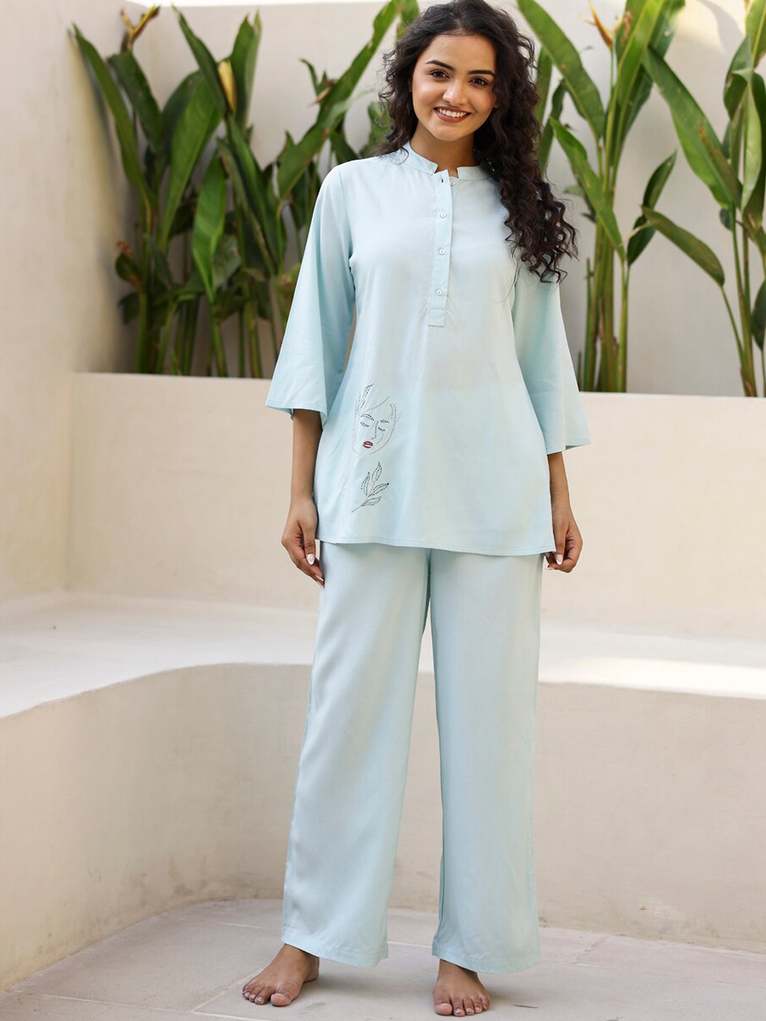 

SANSKRUTIHOMES Printed Mandarin Collar Night suit, Blue
