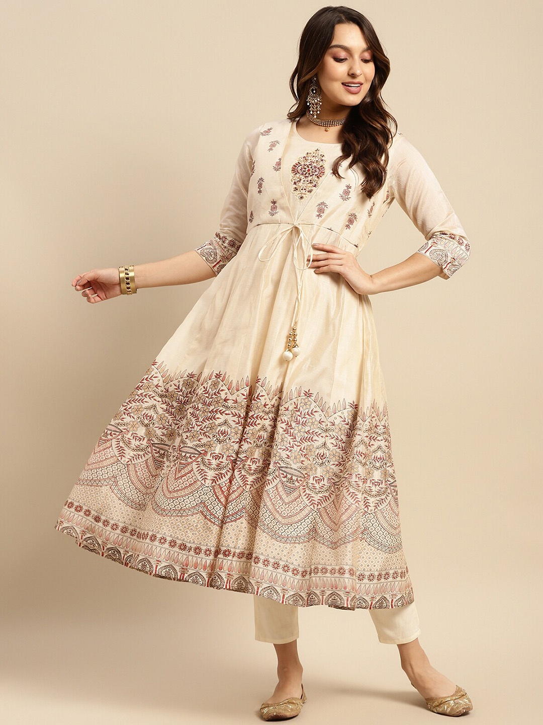 

Rangita Ethnic Motifs Printed Flared Sleeves Sequinned Chanderi Silk Anarkali Kurta, Beige