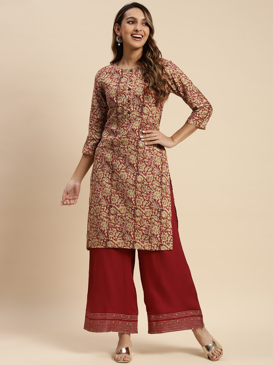 

Rangita Round Neck Ethnic Motifs Printed Kurta, Rust