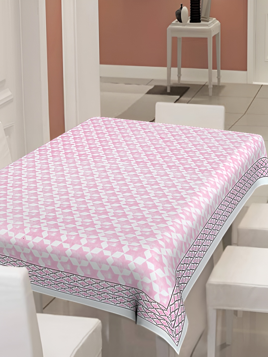 

SARYU HOMES Pink & White Geometric Printed Cotton 6-Seater Table Cover
