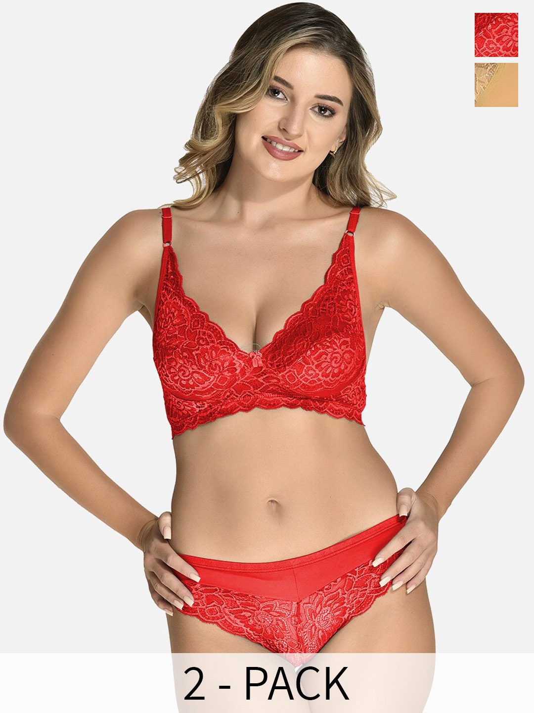

StyFun Pack of 2 Non Padded Laced Lingerie Set, Red