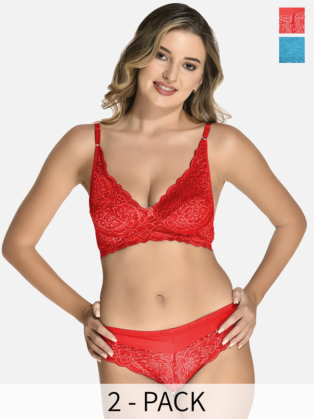 StyFun Pack Of 2 Bra Panty Lace Lingerie Set, Red