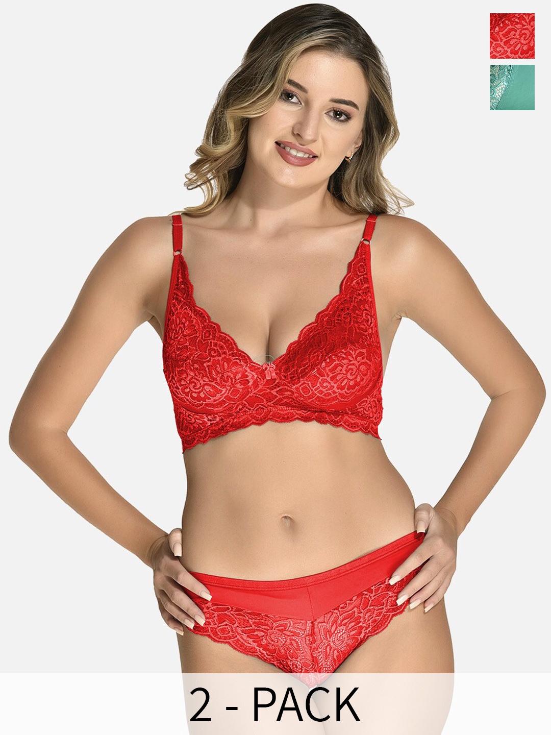 

StyFun Pack Of 2 Non Padded Laced Lingerie Set, Red